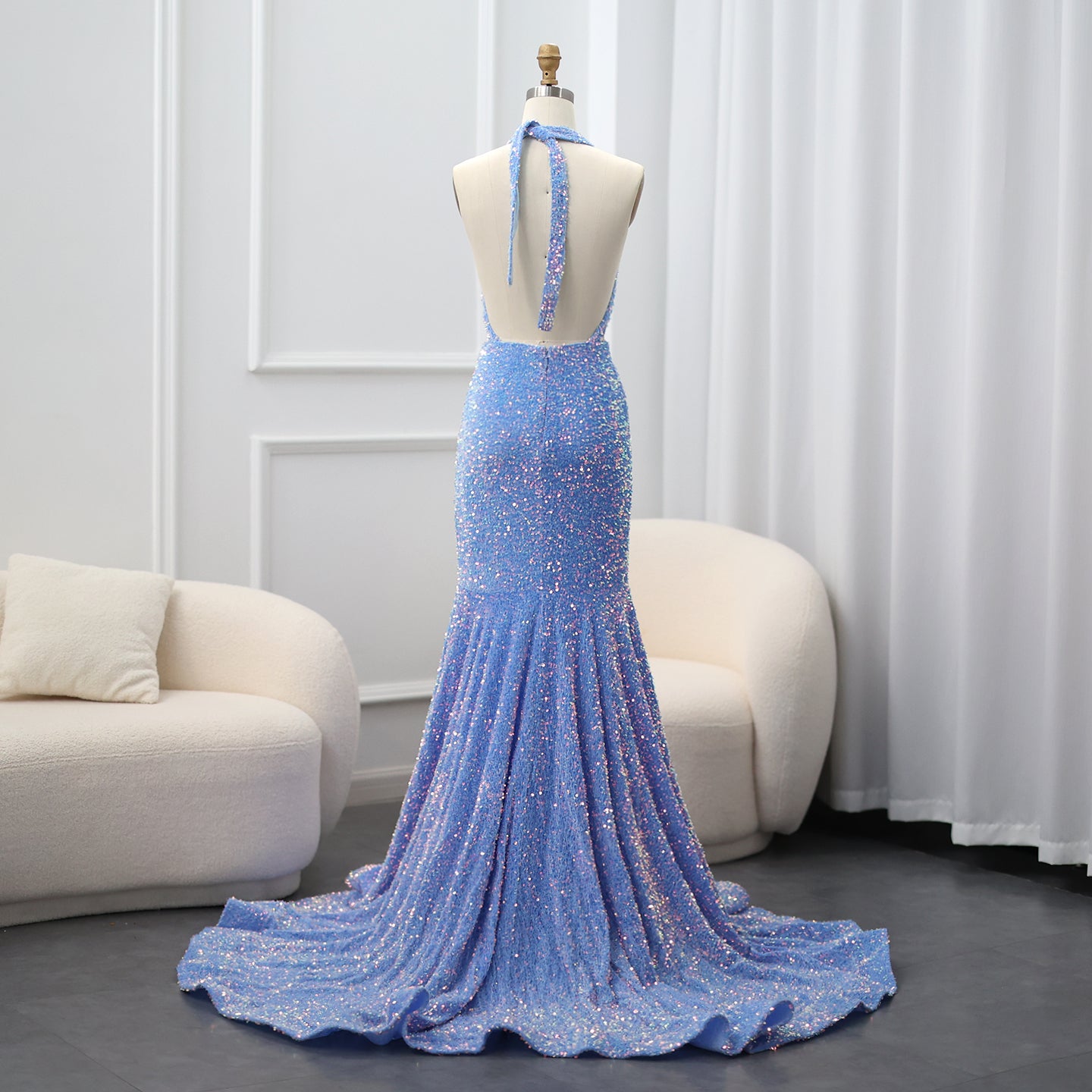 Vintage Light Blue Halter Neck Mermaid Evening Gown SH019