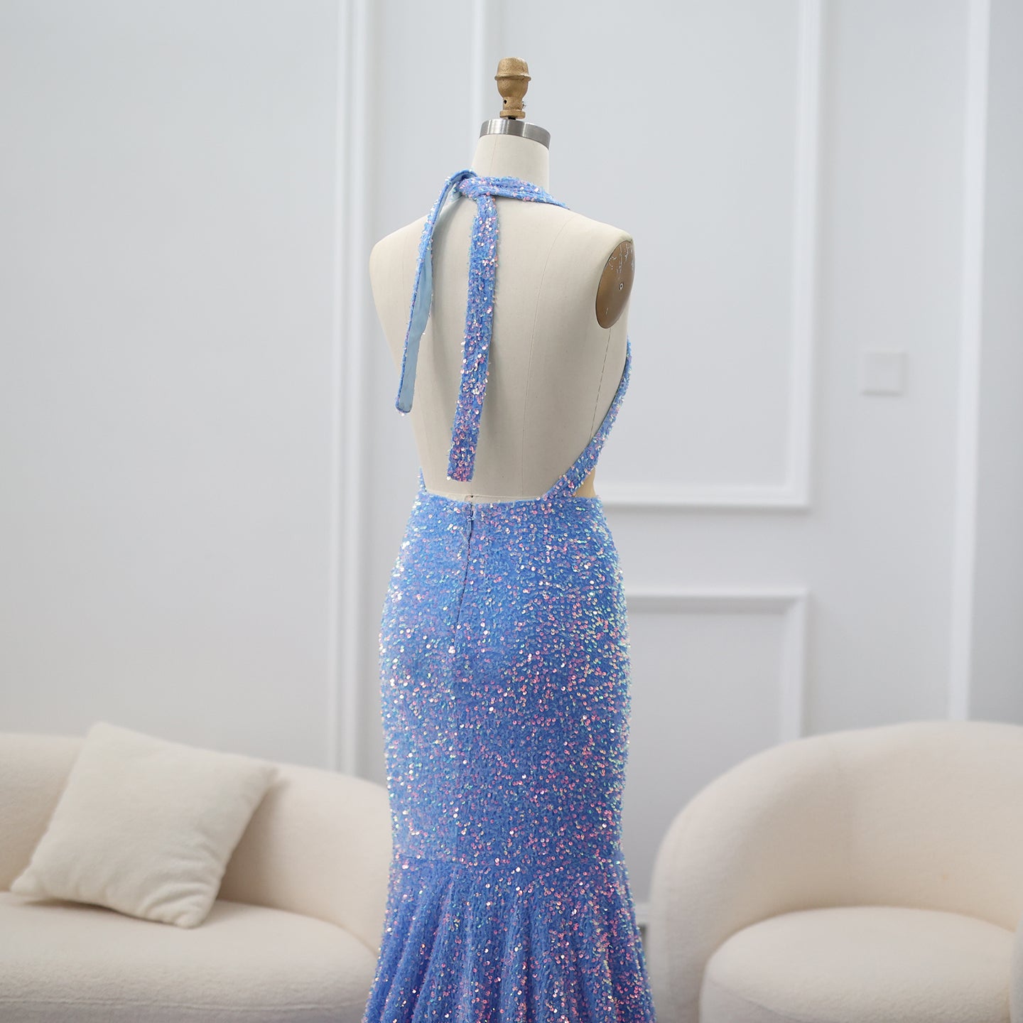 Vintage Light Blue Halter Neck Mermaid Evening Gown SH019