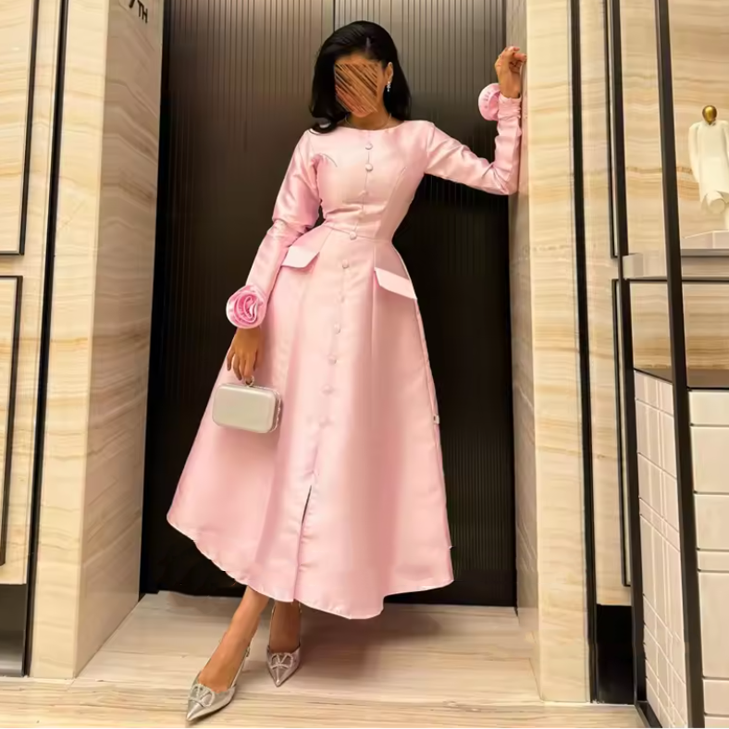 Vintage Style Pink Satin Long Sleeve Midi Evening Dress SF279