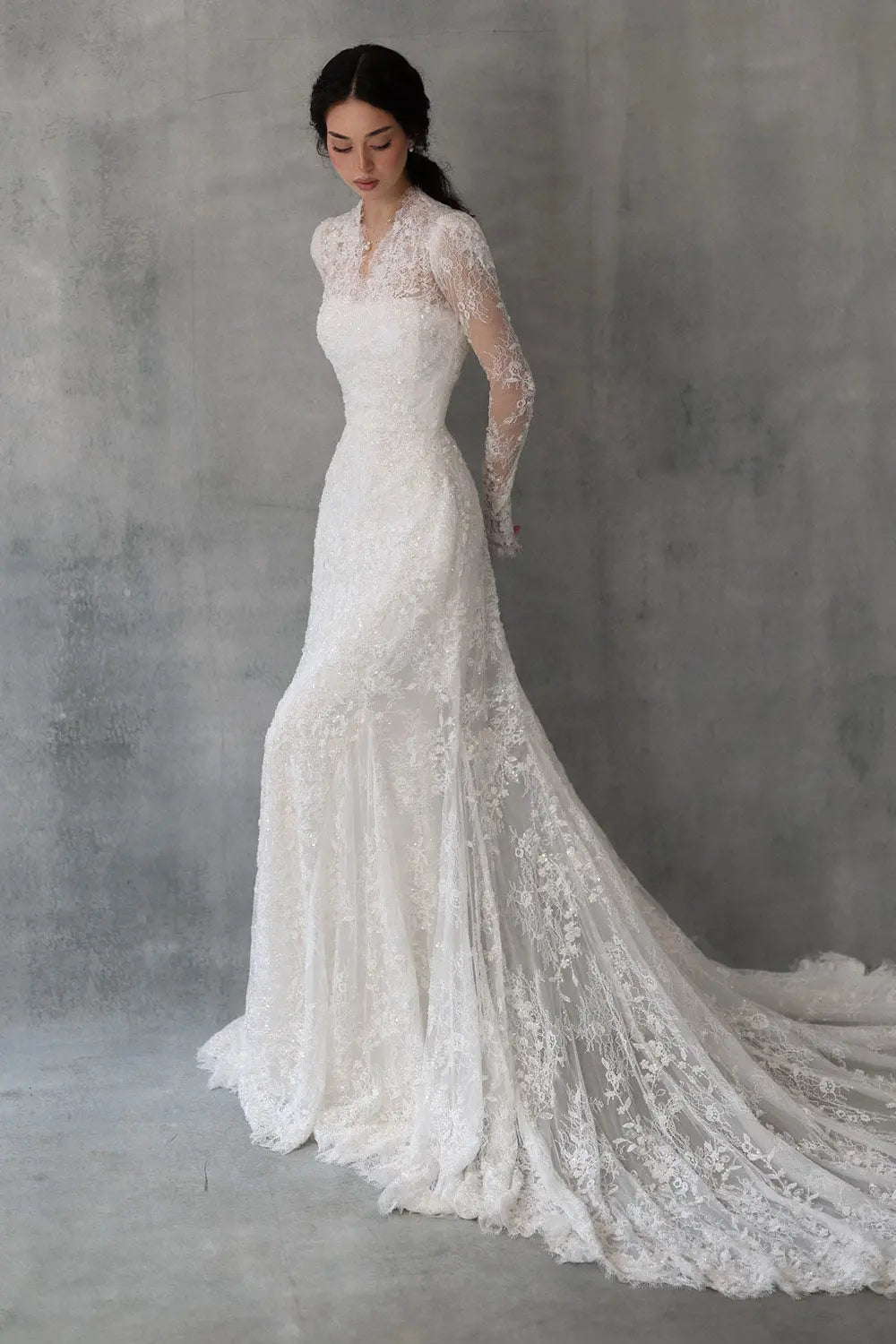 Elegant V Neck Mermaid Lace Beaded Long Sleeve Wedding Dress with Trai – SHEER FAIRY
