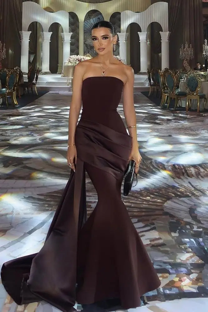 chinese dress ladies Charming Mermaid Burgundy Strapless Satin Slit Prom Dress with Appliqu –  Anniebride main image 0