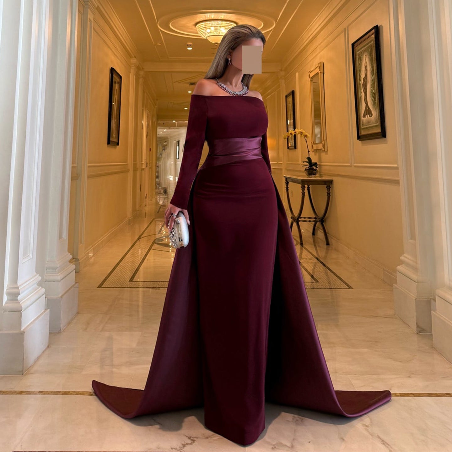 Elegant Long Sleeve Mermaid Gown with Satin Train Evening Dress SF318