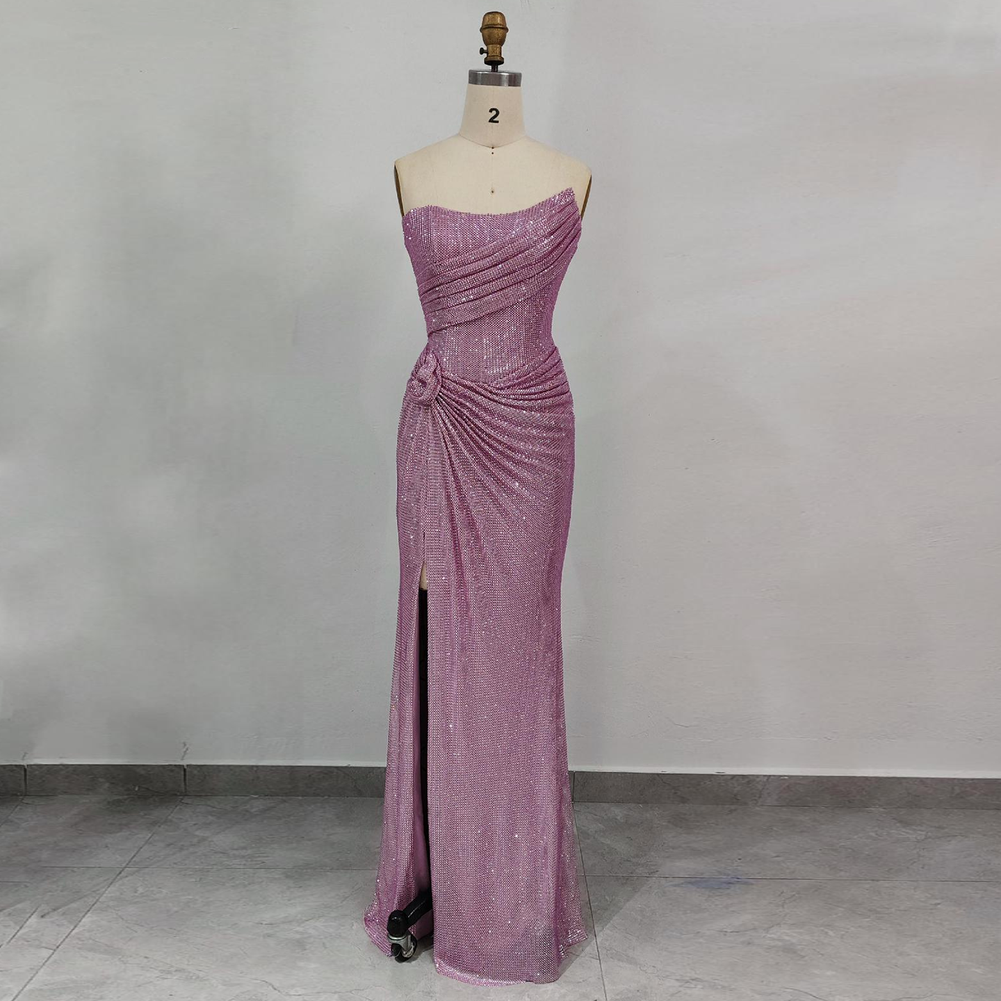 Elegant Pink Sequin One Shoulder Evening Dress with High Slit SH539