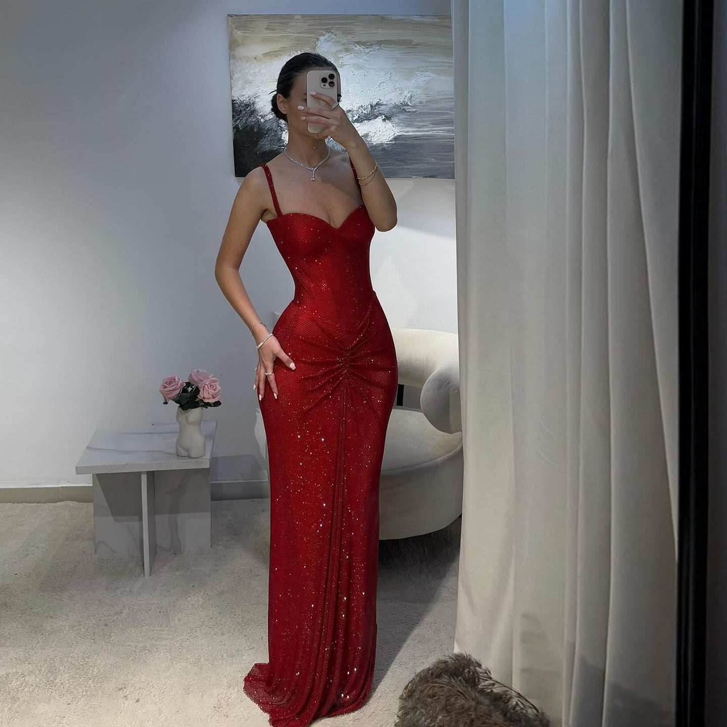 Luxury Red Sequin Strapless Evening Dress with Feather Shawl SH567