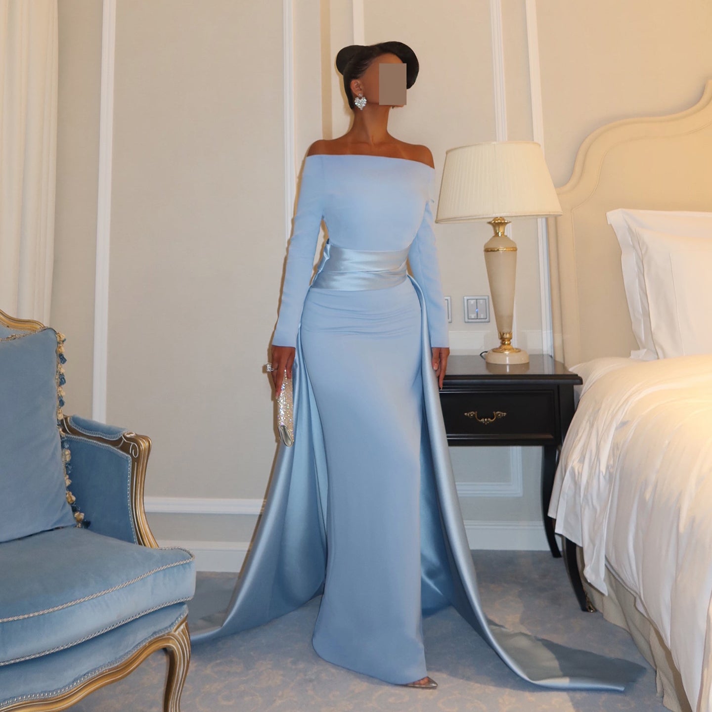 Elegant Long Sleeve Mermaid Gown with Satin Train Evening Dress SF318