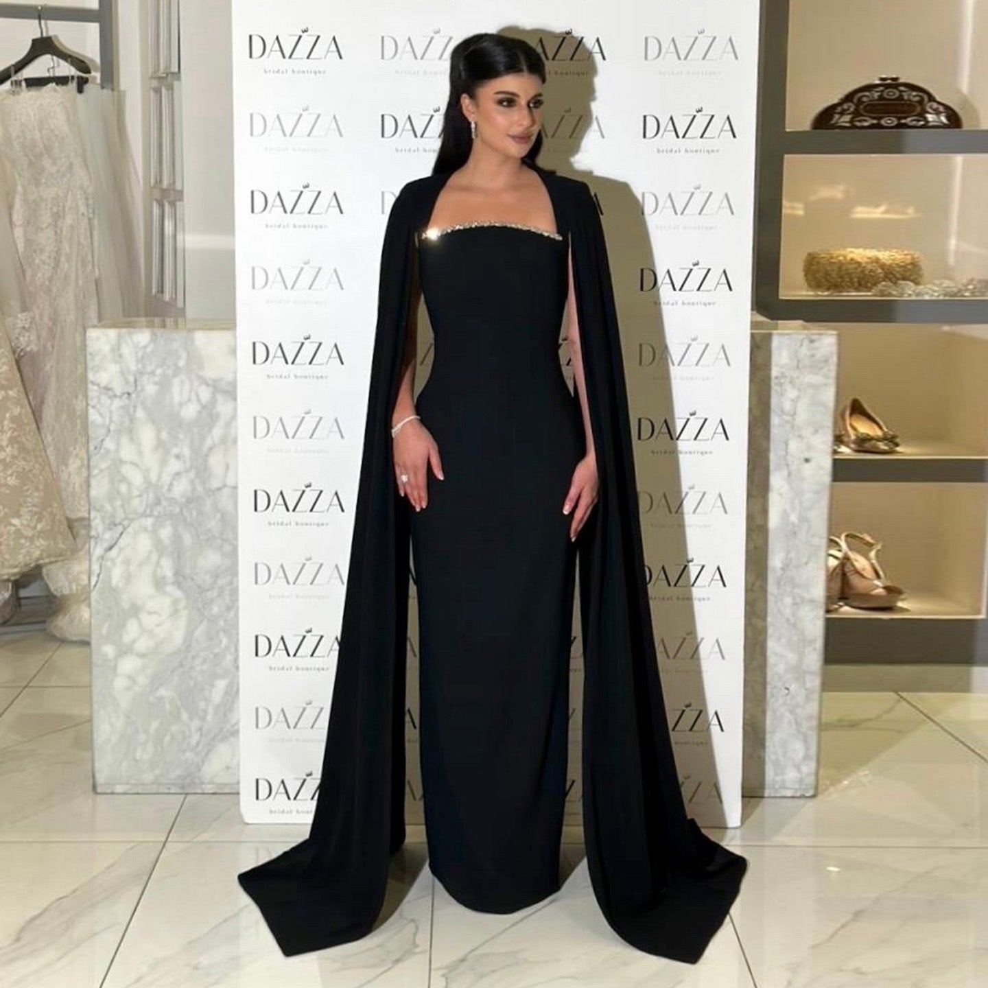 Elegant Blue Mermaid Evening Dress with Cape Sleeves SF486