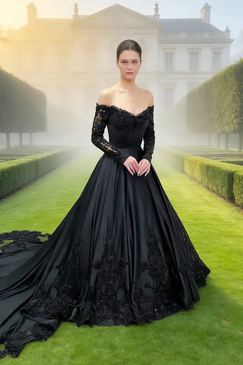 Black Satin Off-Shoulder Beaded Ballgown Wedding Dress SW558 – SHEER FAIRY
