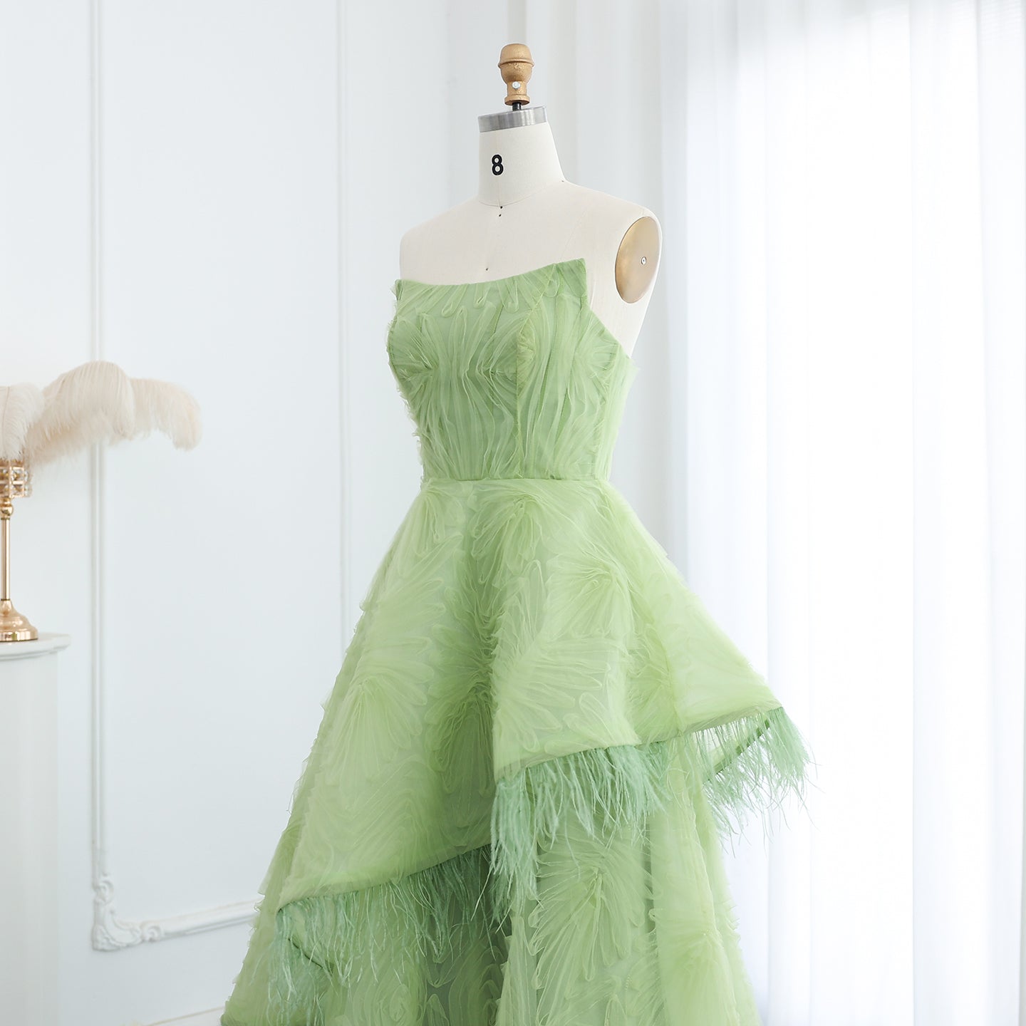 Luxury Feather 3D Floral Lime Green Strapless Evening Dress SF034