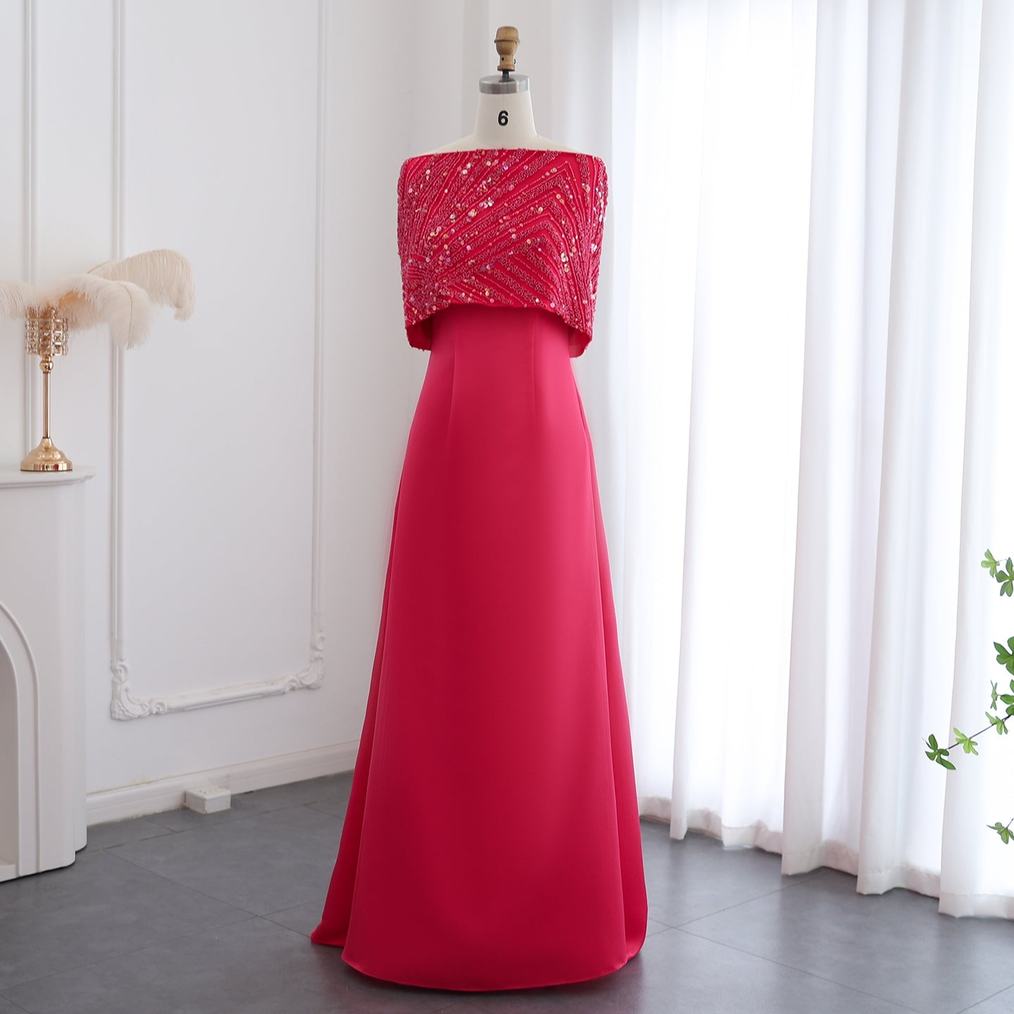 Elegant Off Shoulder Fuchsia Evening Dress with Cape SS482