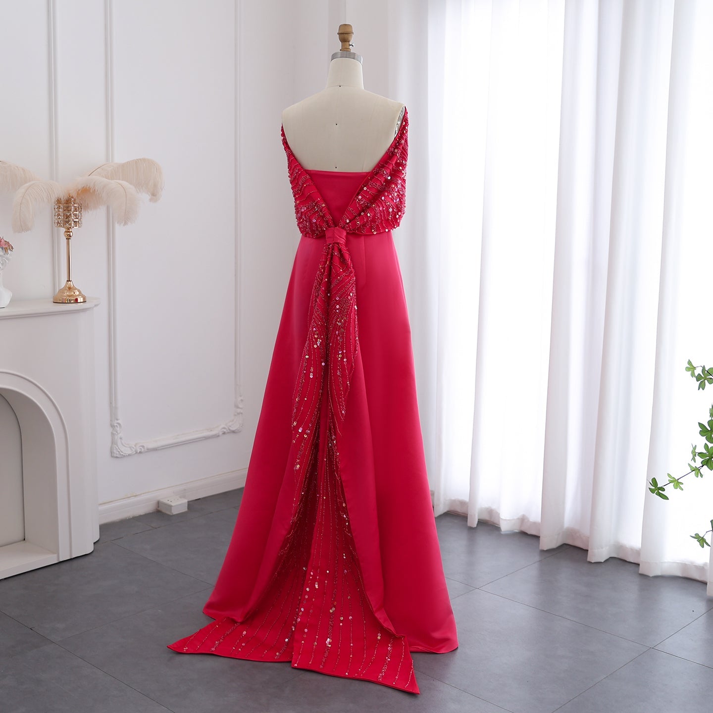 Elegant Off Shoulder Fuchsia Evening Dress with Cape SS482
