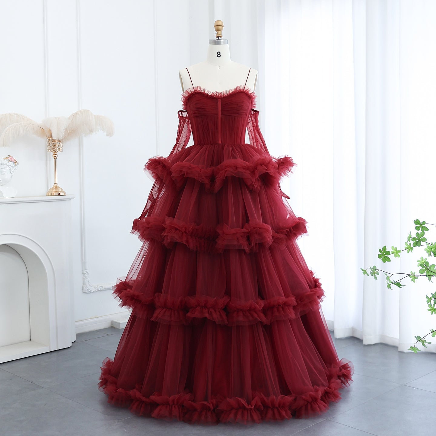 Burgundy Tulle Tiered Ruffles Evening Dresses with Gloves SF472