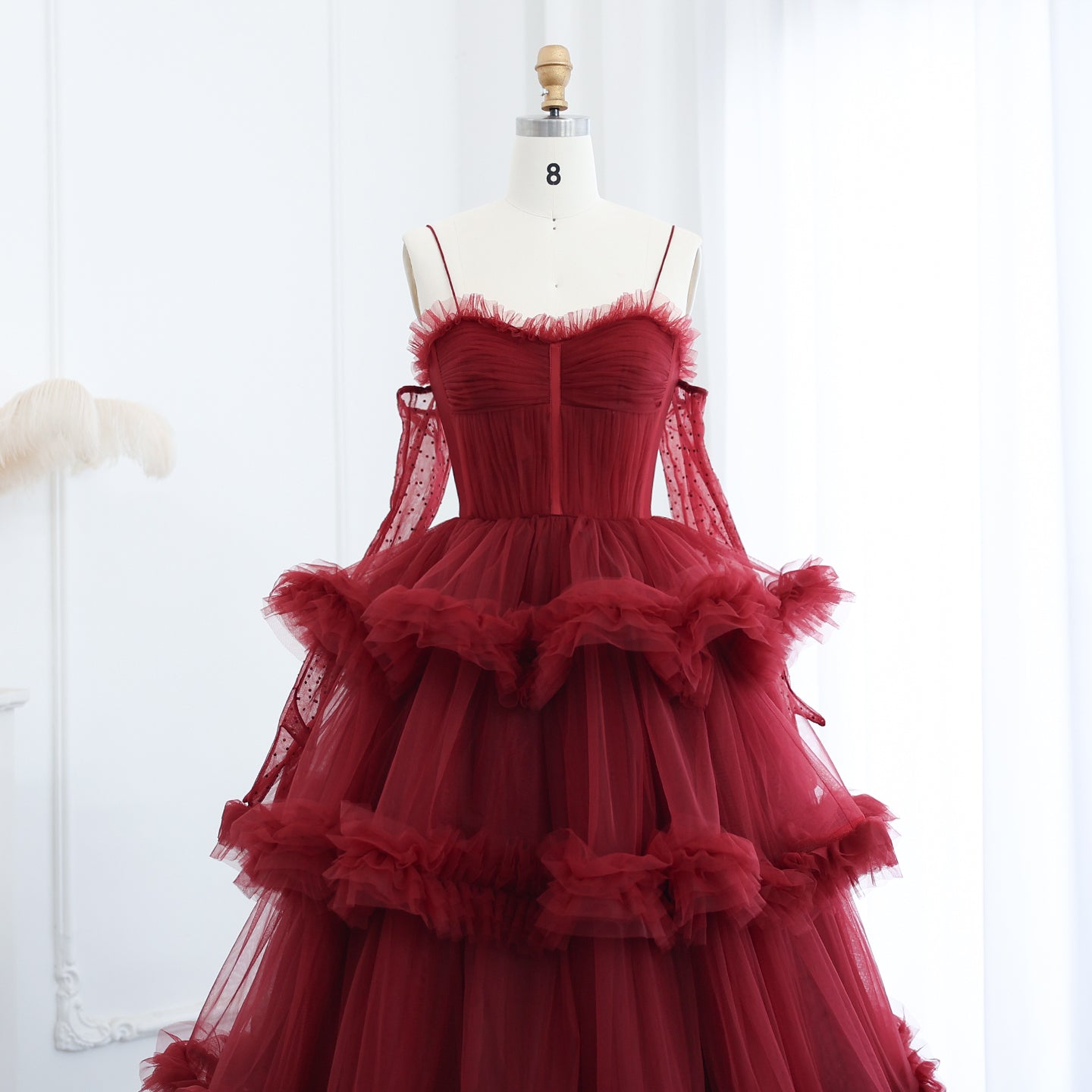 Burgundy Tulle Tiered Ruffles Evening Dresses with Gloves SF472