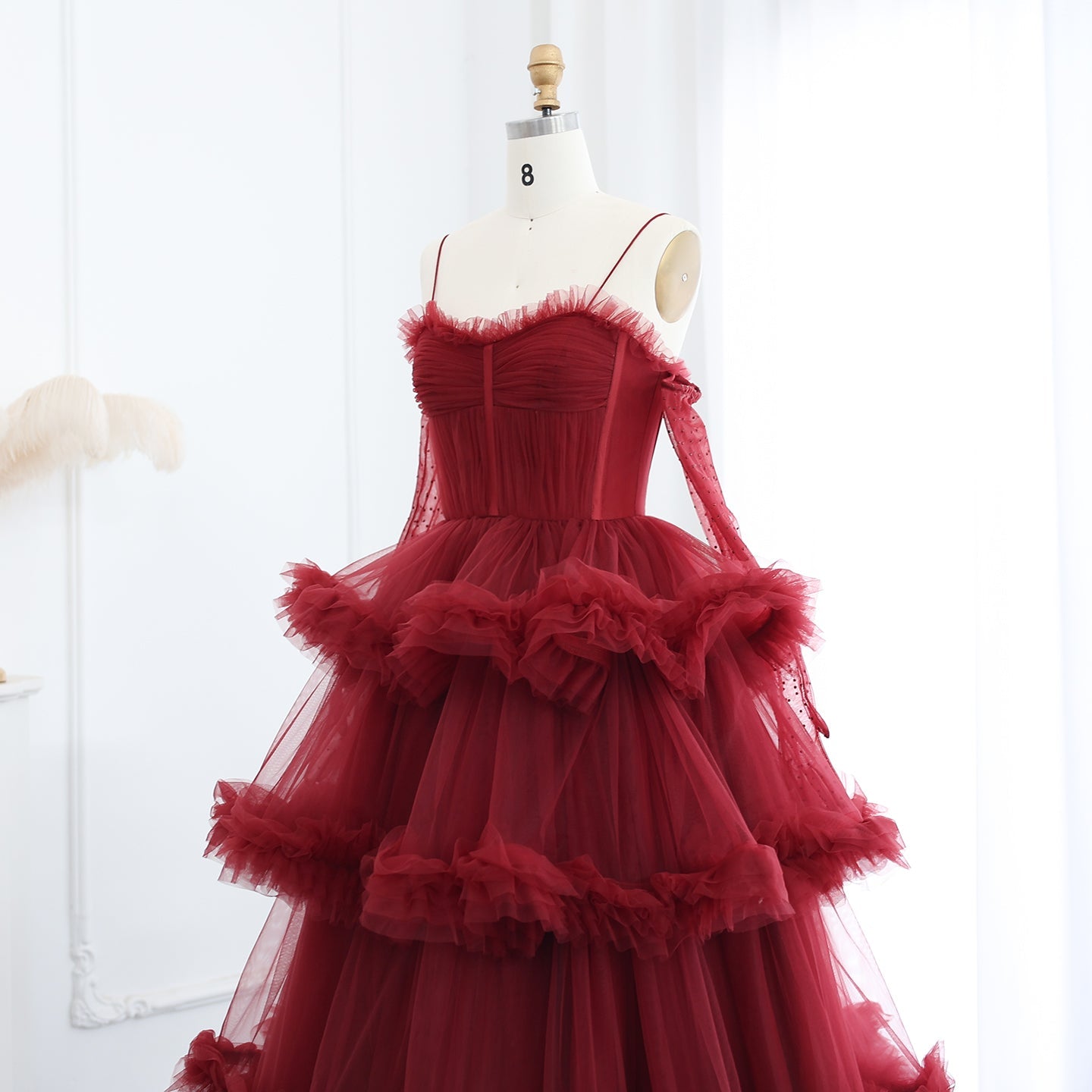 Burgundy Tulle Tiered Ruffles Evening Dresses with Gloves SF472