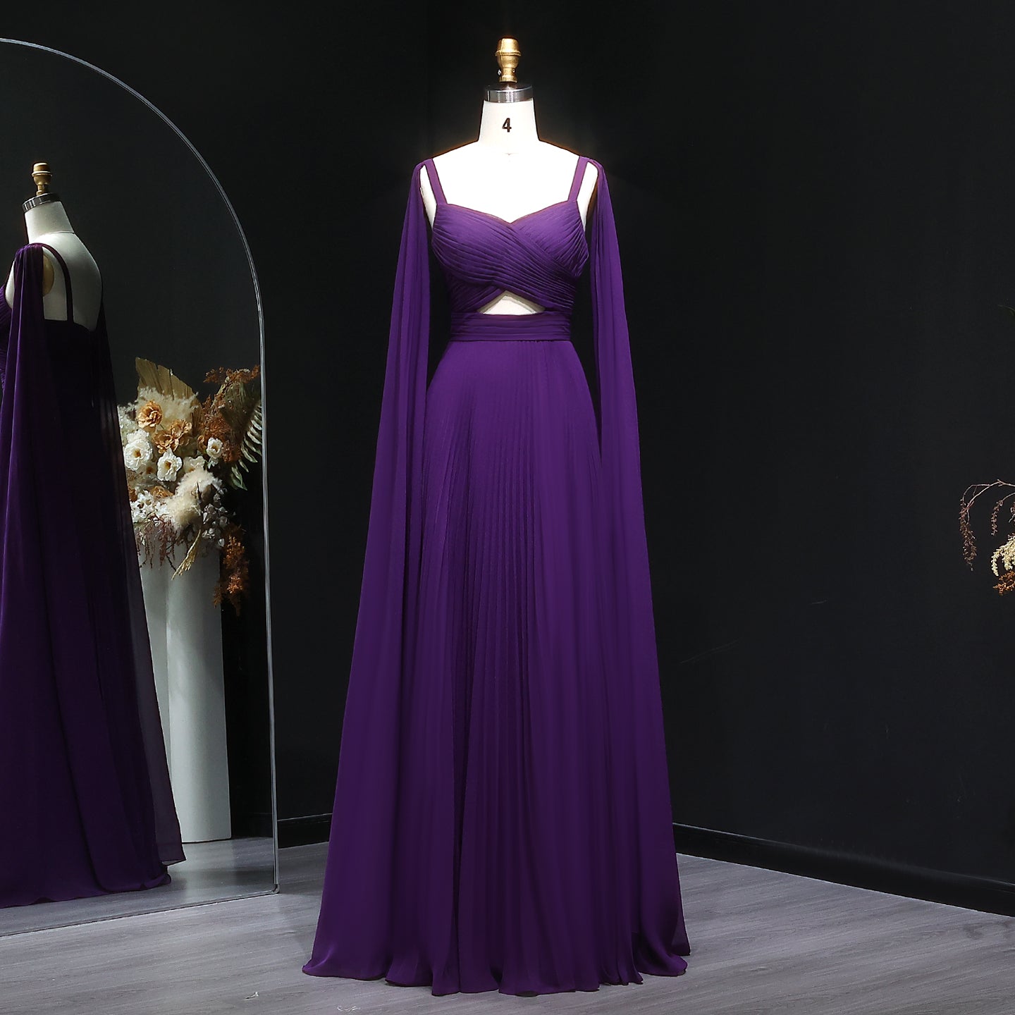 Elegant Fuchsia Chiffon Evening Dress with Cape Sleeves SF090