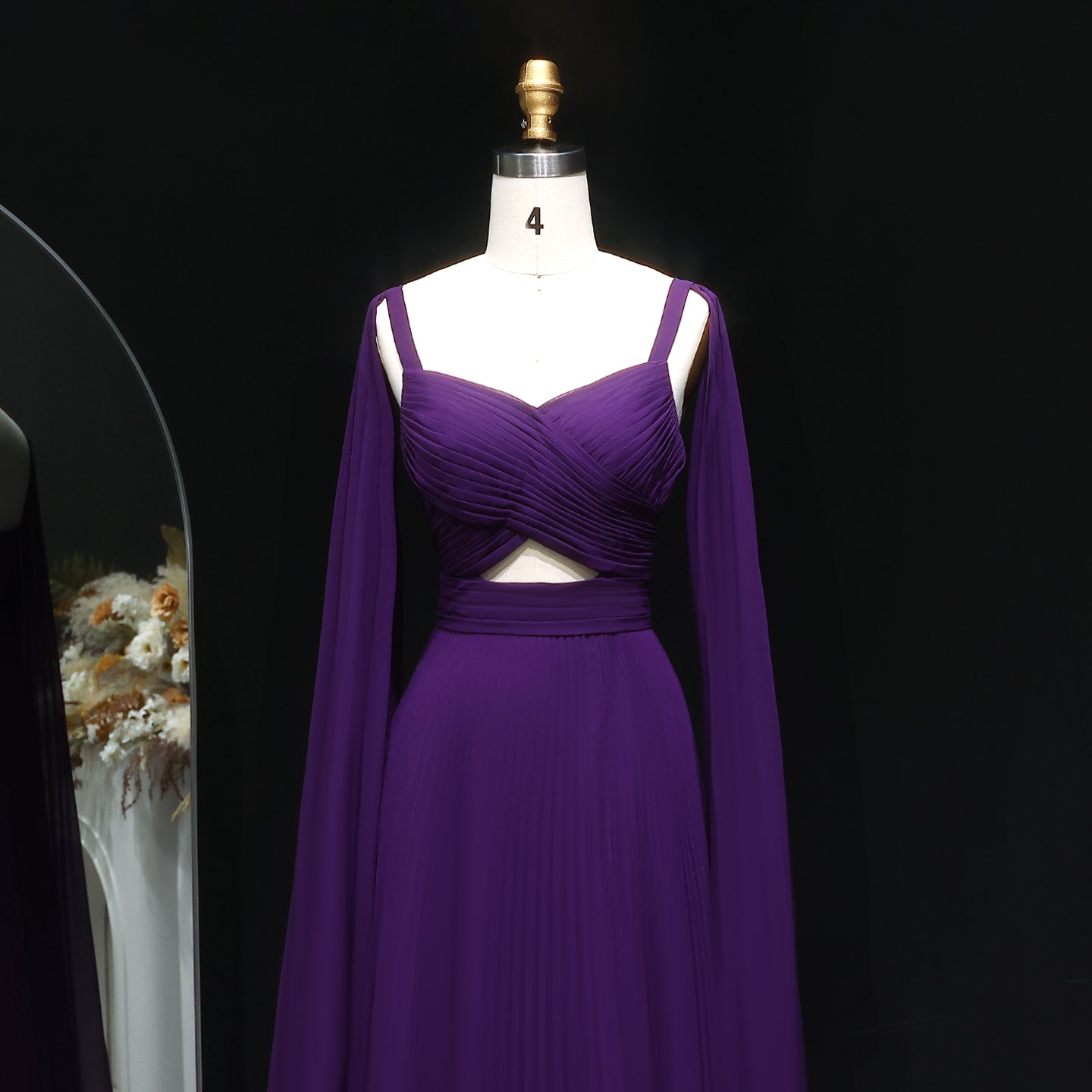 Elegant Fuchsia Chiffon Evening Dress with Cape Sleeves SF090