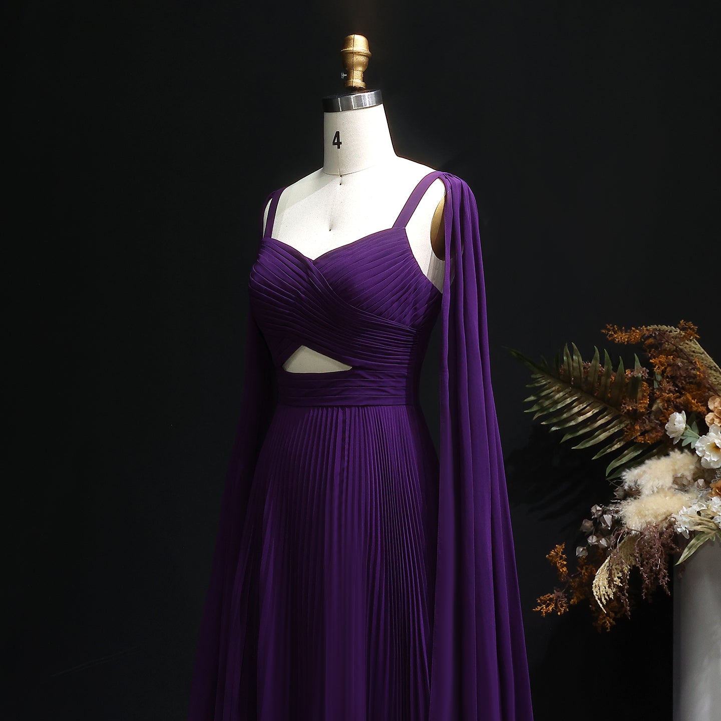 Elegant Fuchsia Chiffon Evening Dress with Cape Sleeves SF090