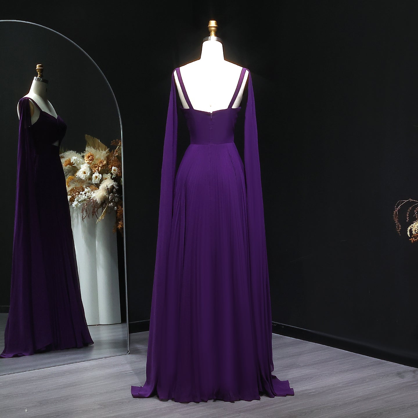 Elegant Fuchsia Chiffon Evening Dress with Cape Sleeves SF090