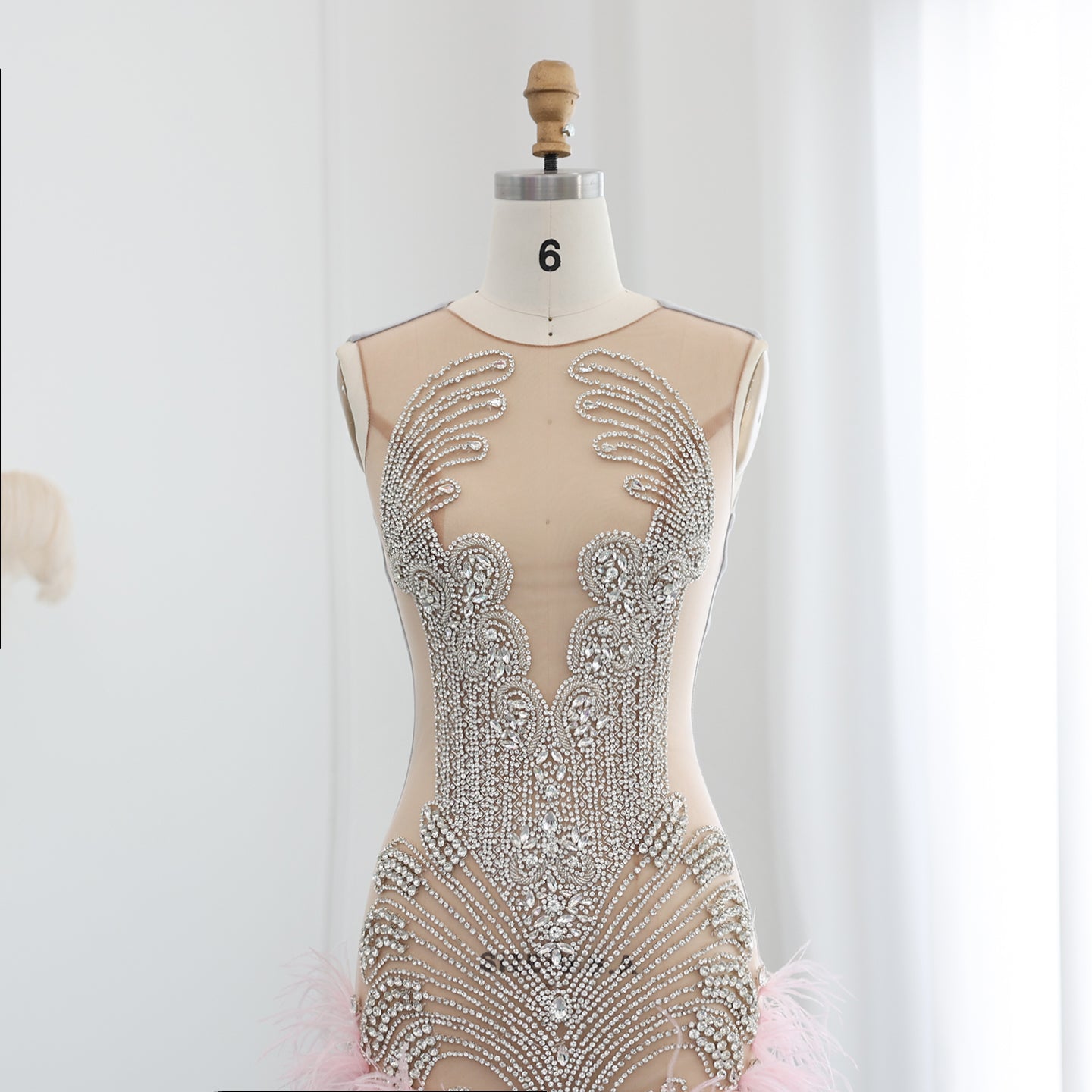 Pink Feather Rhinestone Sheer Cocktail Party Mini Gown RM059