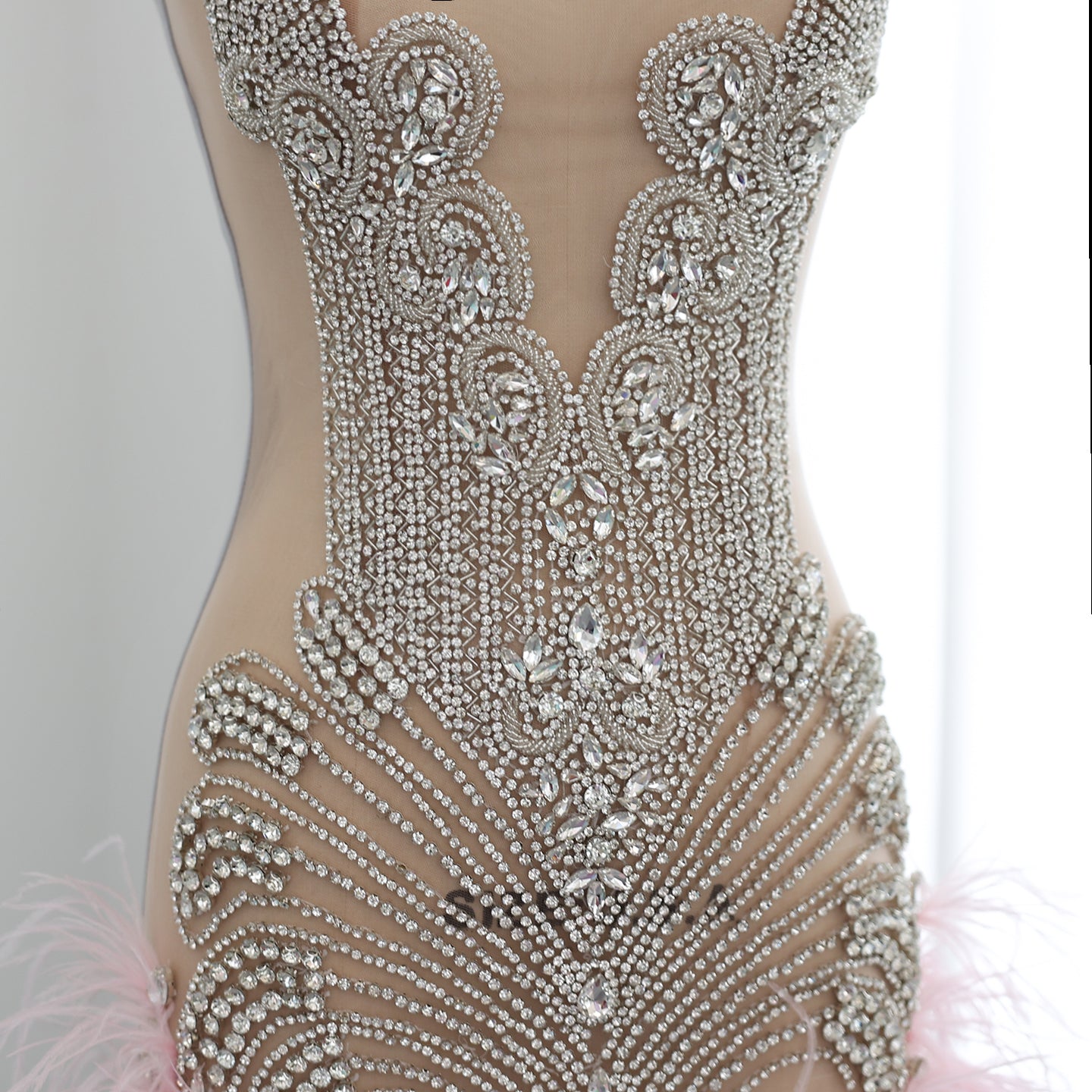 Pink Feather Rhinestone Sheer Cocktail Party Mini Gown RM059