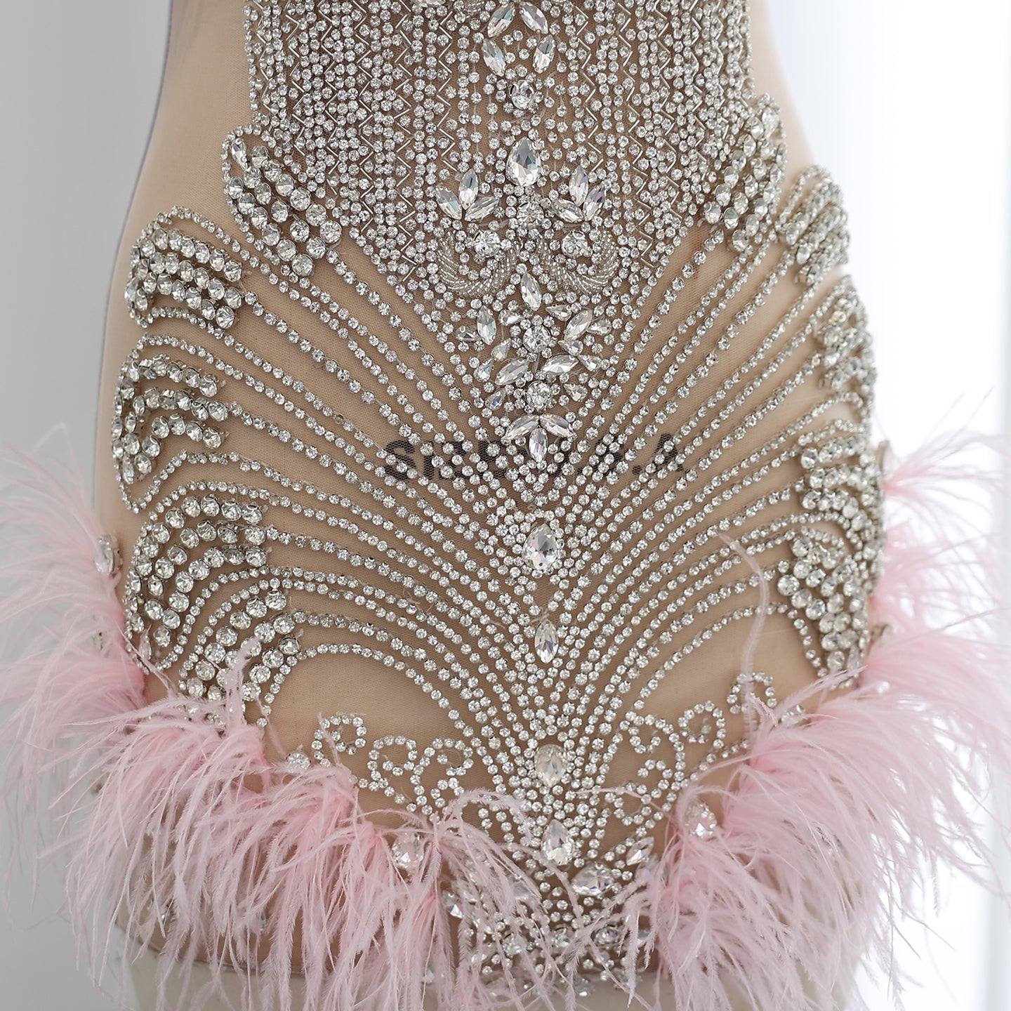 Pink Feather Rhinestone Sheer Cocktail Party Mini Gown RM059