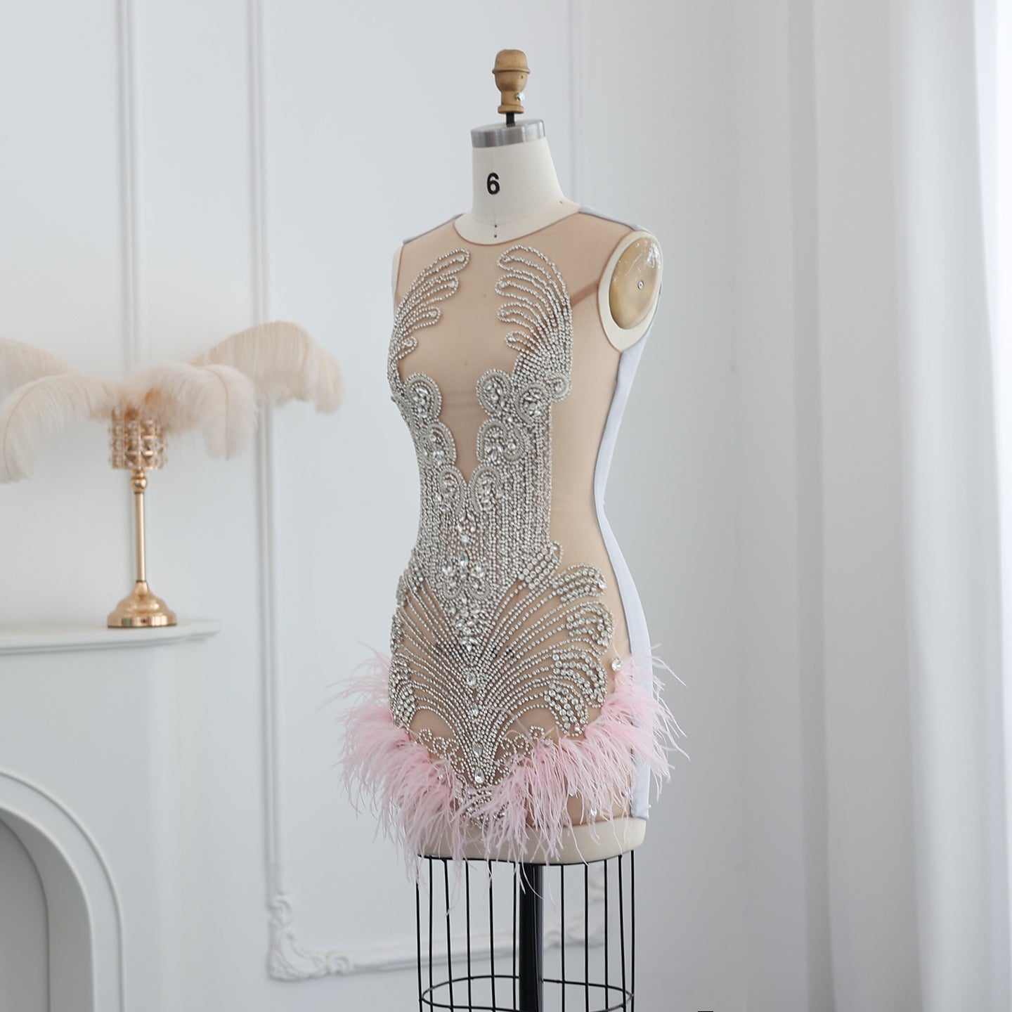 Pink Feather Rhinestone Sheer Cocktail Party Mini Gown RM059