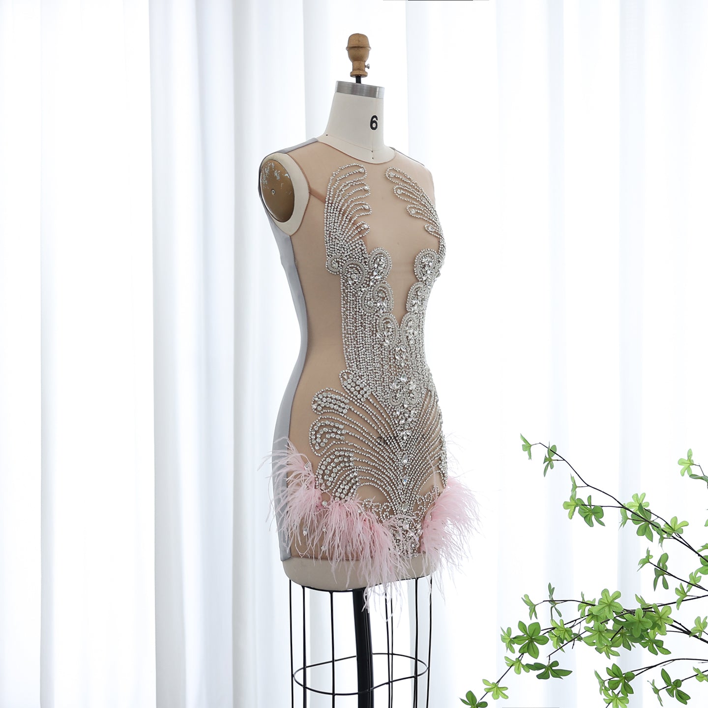 Pink Feather Rhinestone Sheer Cocktail Party Mini Gown RM059