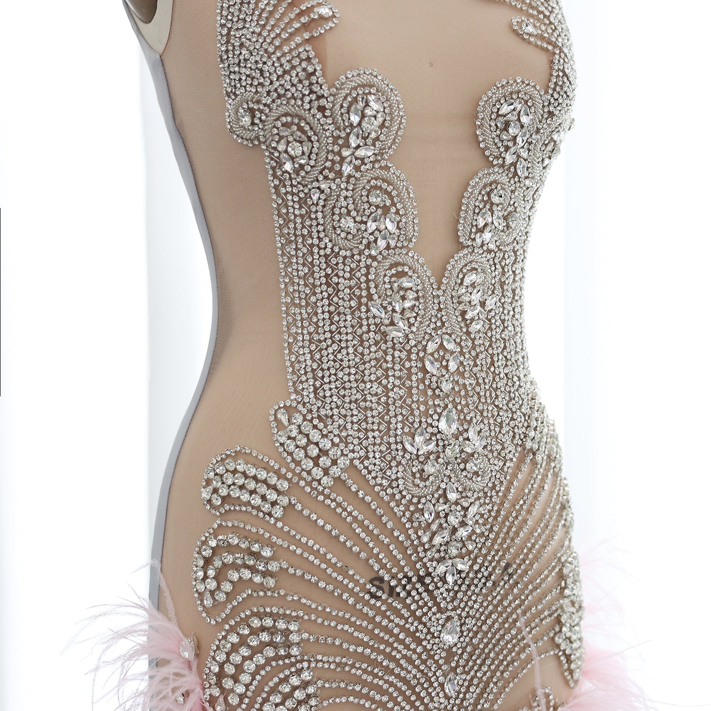Pink Feather Rhinestone Sheer Cocktail Party Mini Gown RM059