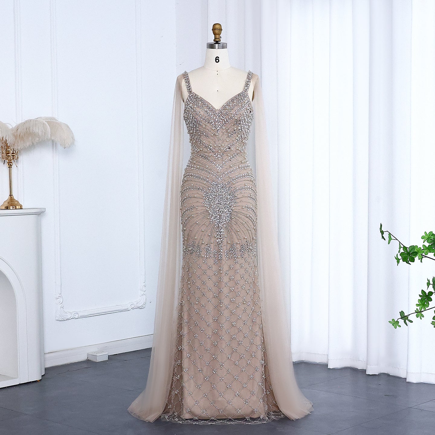 Luxury Rhinestones Silver Nude Spaghetti Evening Dress SS188