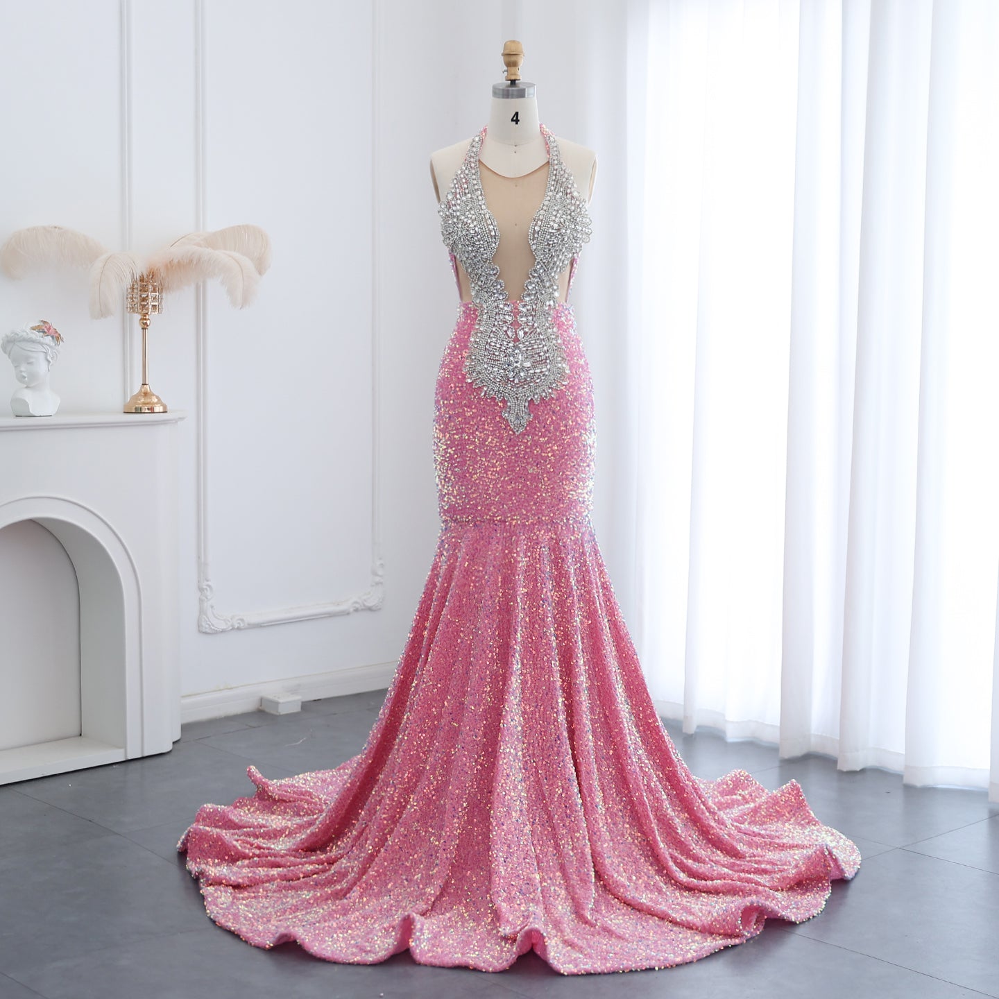 Modest Pink Rhinestone Sequined Plunging Mermaid Evening Gown SH016