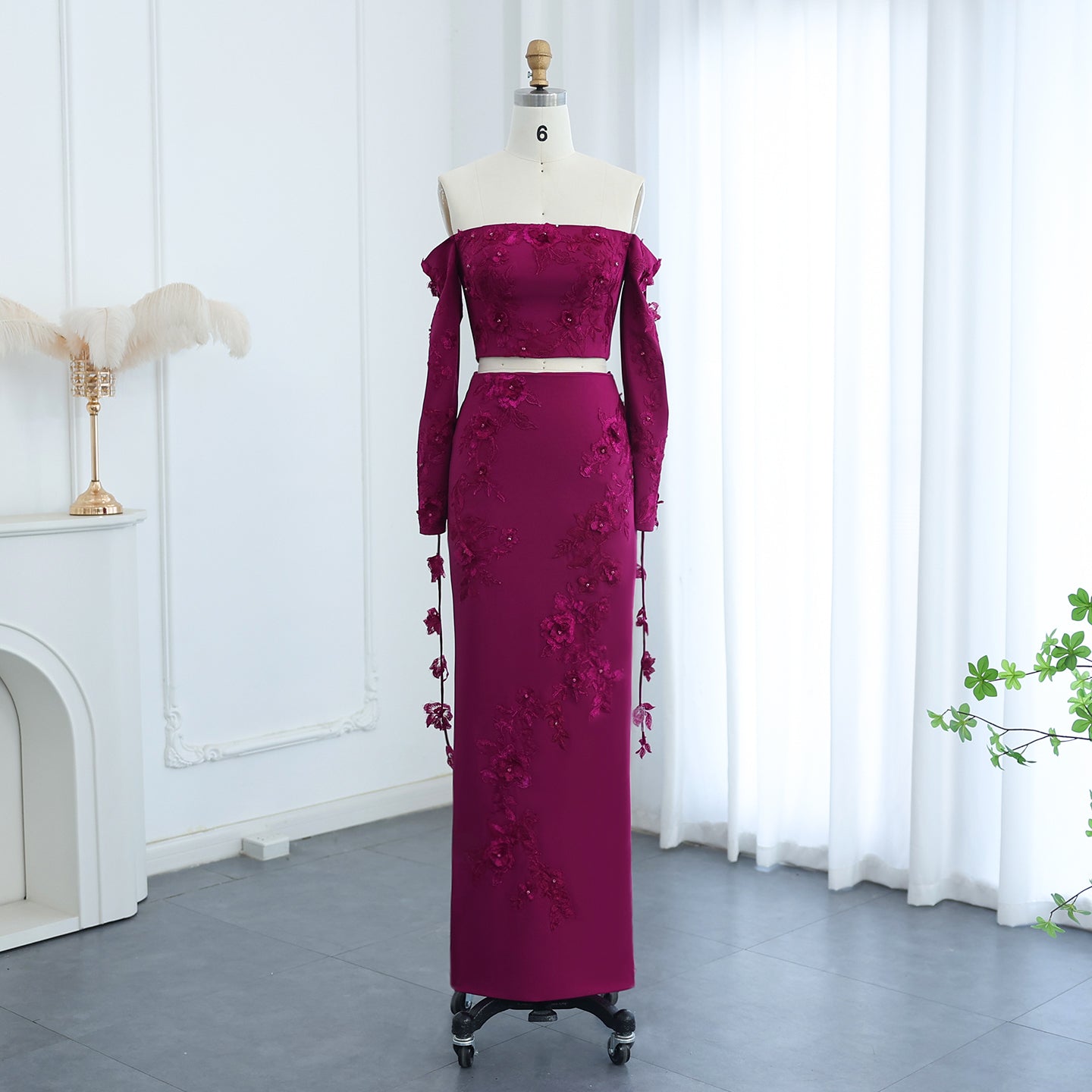Elegant Off Shoulder Fuchsia Long Sleeves Evening Dress SF264