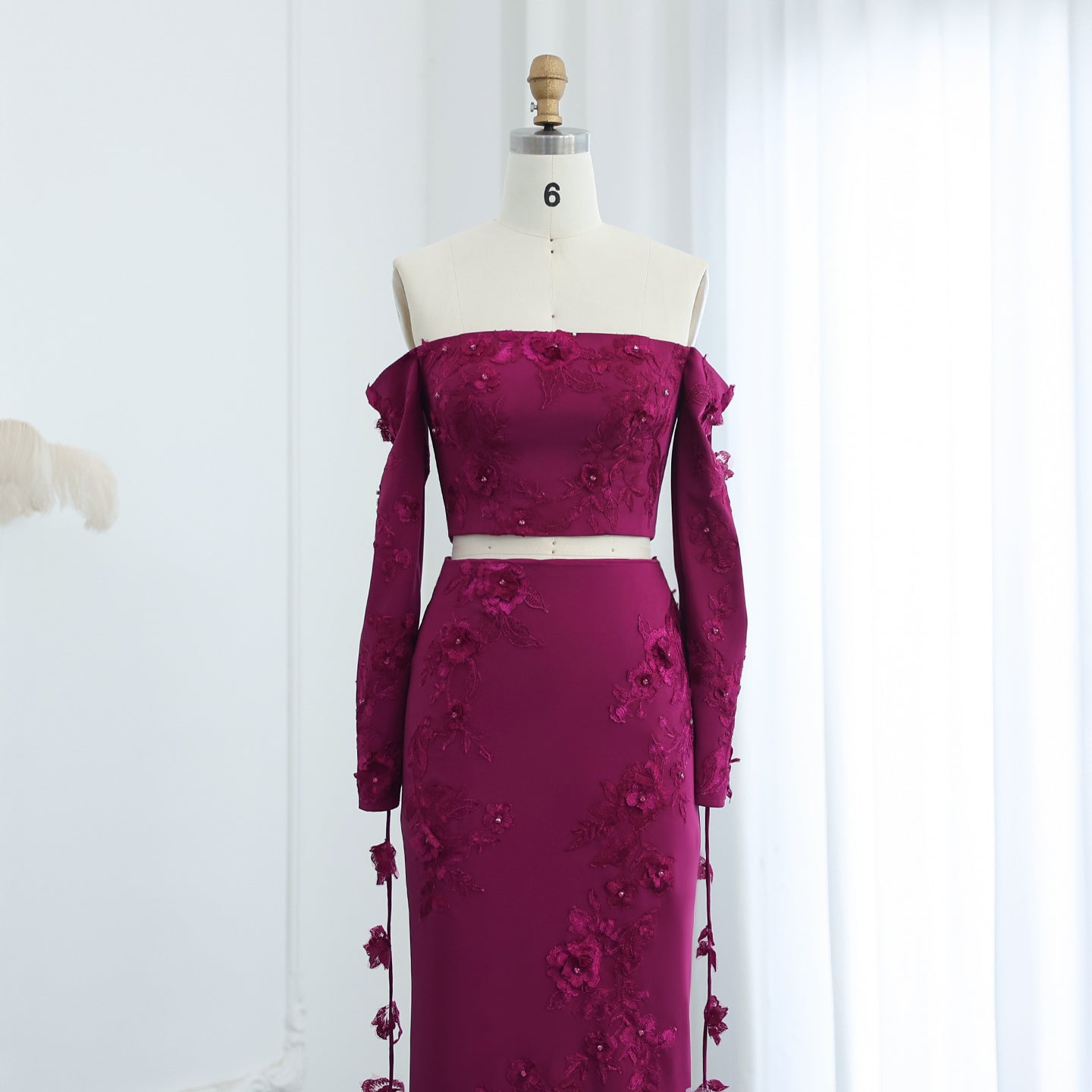 Elegant Off Shoulder Fuchsia Long Sleeves Evening Dress SF264