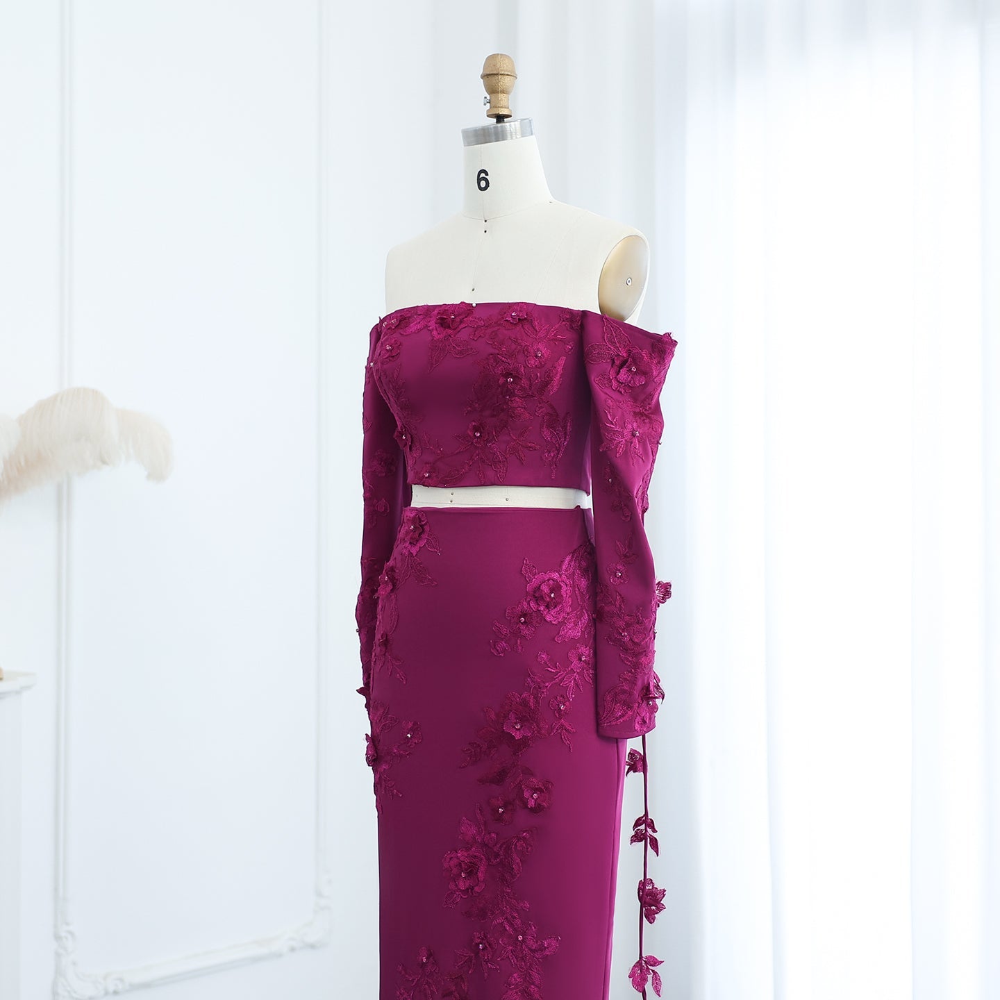 Elegant Off Shoulder Fuchsia Long Sleeves Evening Dress SF264
