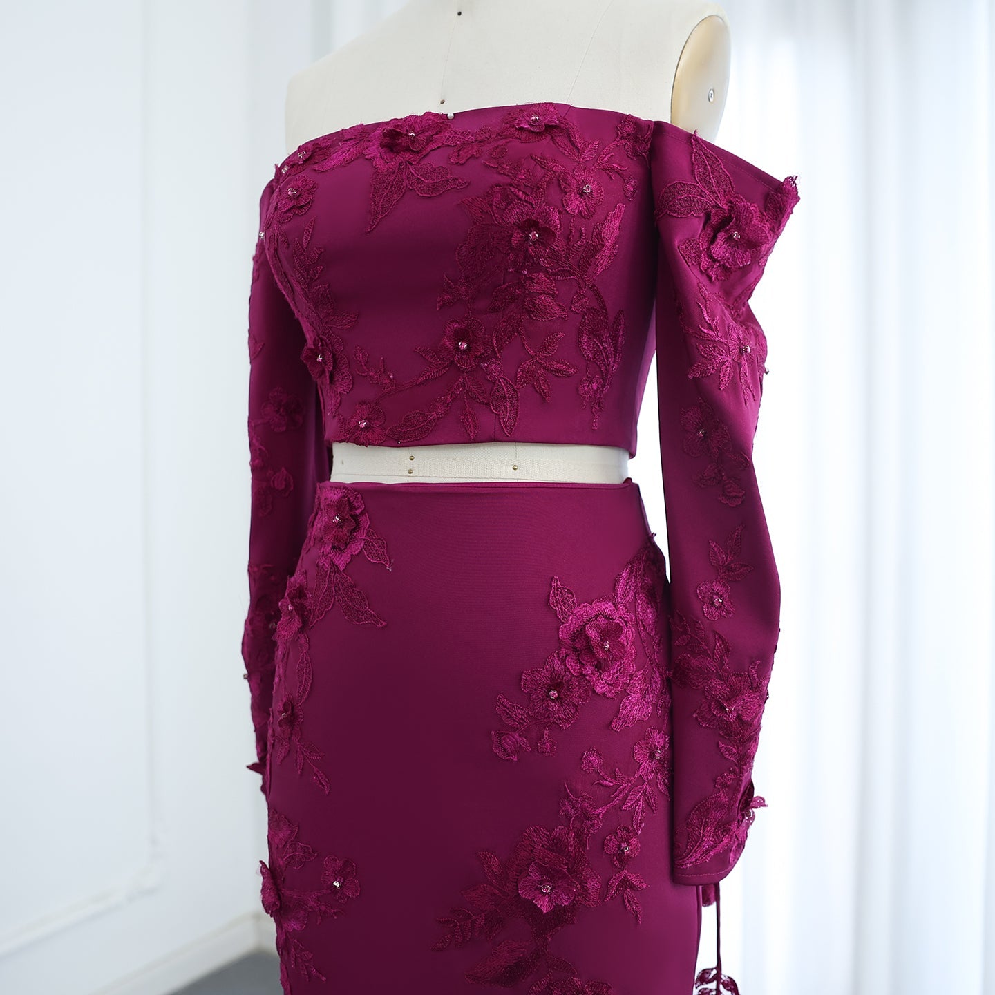 Elegant Off Shoulder Fuchsia Long Sleeves Evening Dress SF264