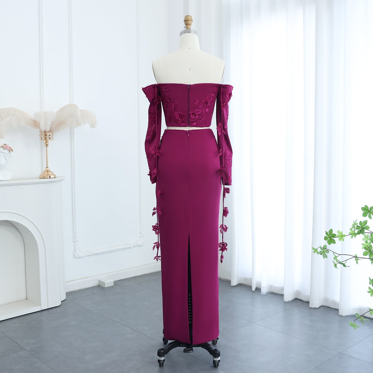 Elegant Off Shoulder Fuchsia Long Sleeves Evening Dress SF264