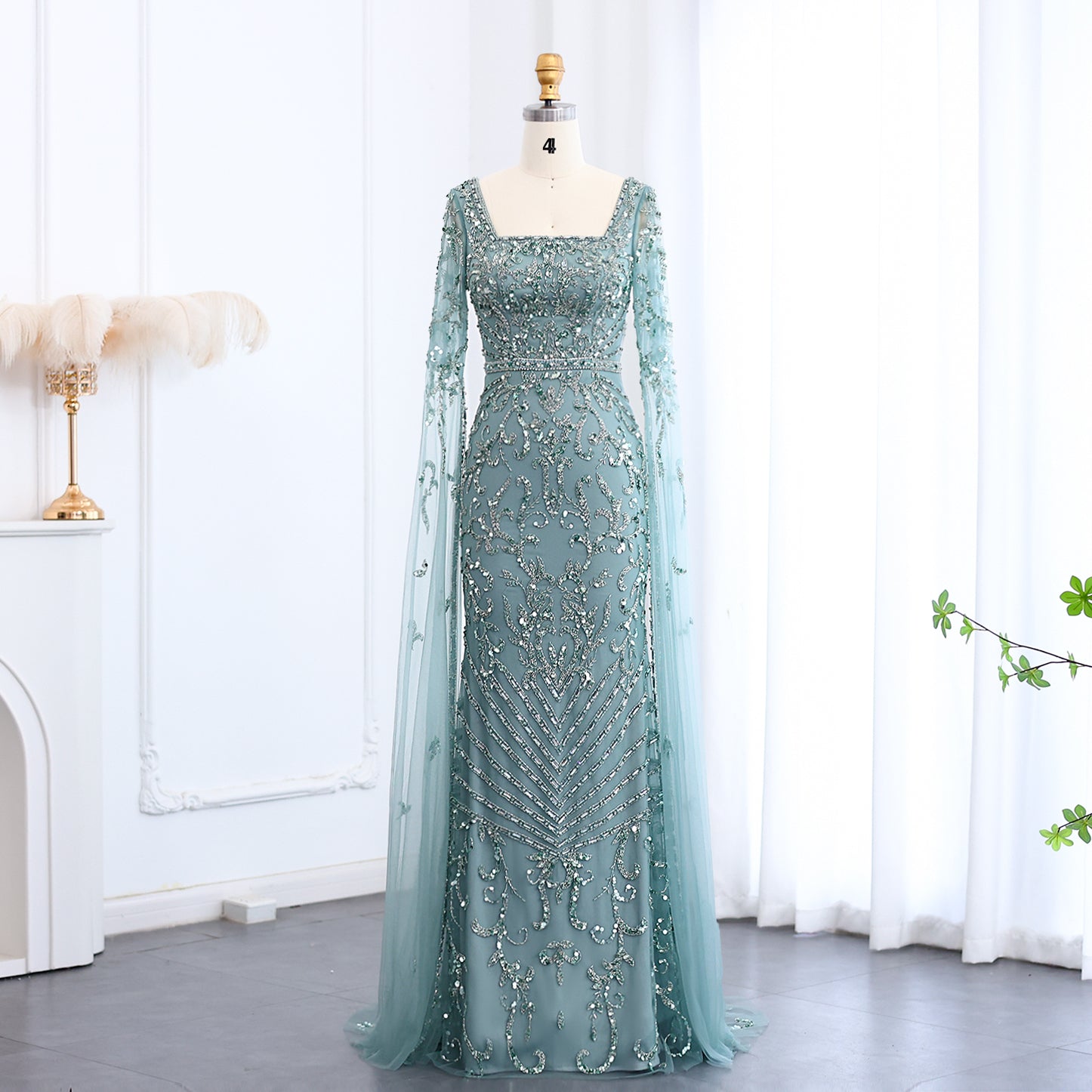 Luxury Turquoise Beaded Mermaid Evening Dress with Cape Sleeves SS469