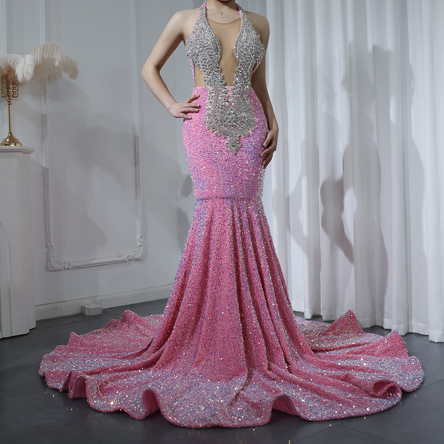 Halter Backless Sequins Crystal Mermaid Black Girls Prom Dresses