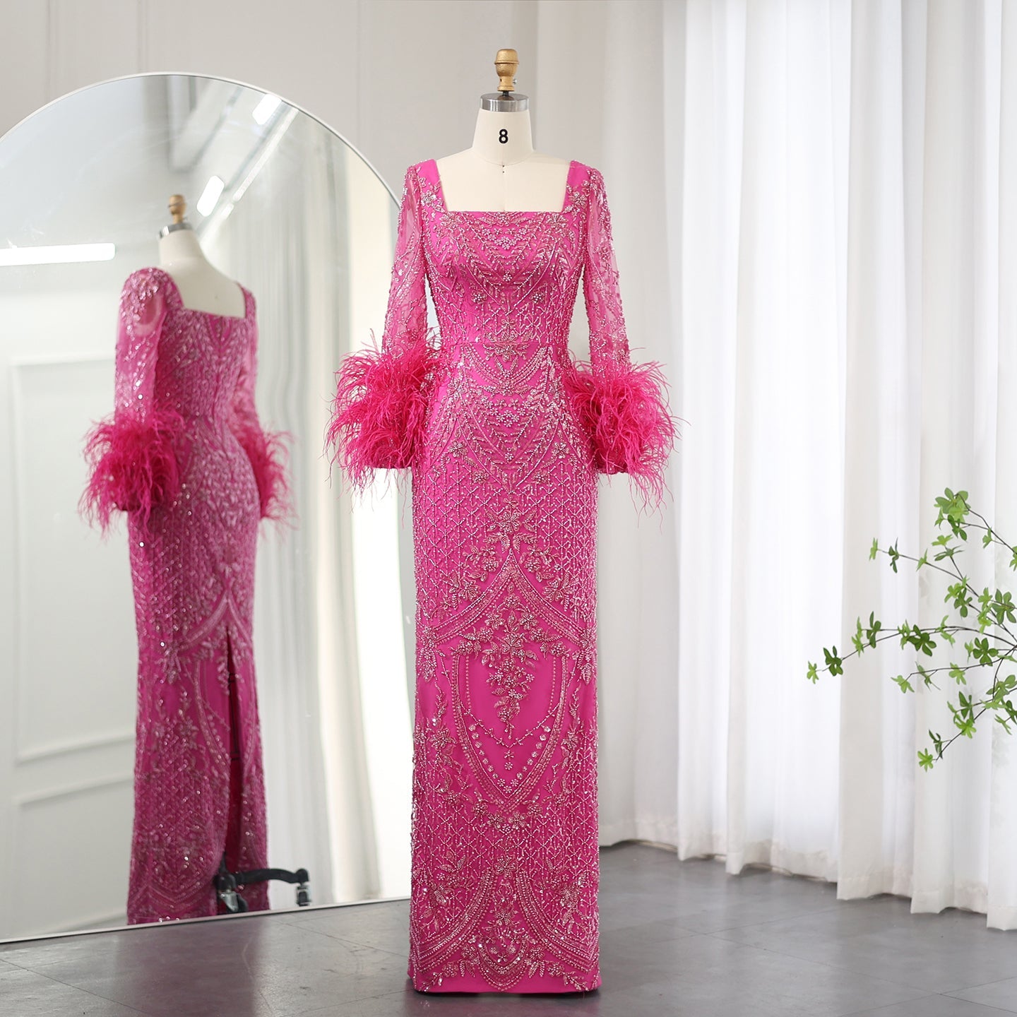 Luxury Fuchsia Long Sleeves Feathers Evening Dresses SS239