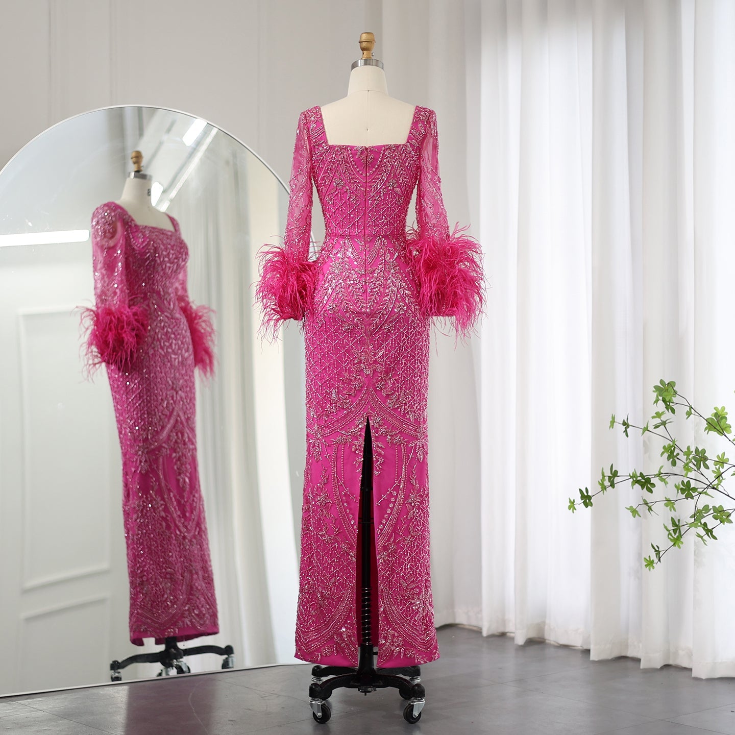 Luxury Fuchsia Long Sleeves Feathers Evening Dresses SS239
