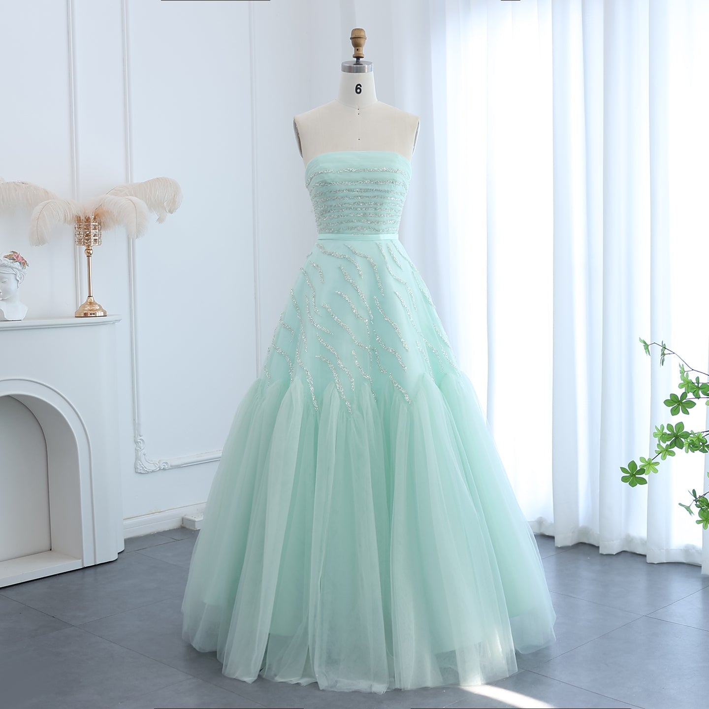 Luxury Beaded Strapless Sage Green Evening Dress SS483