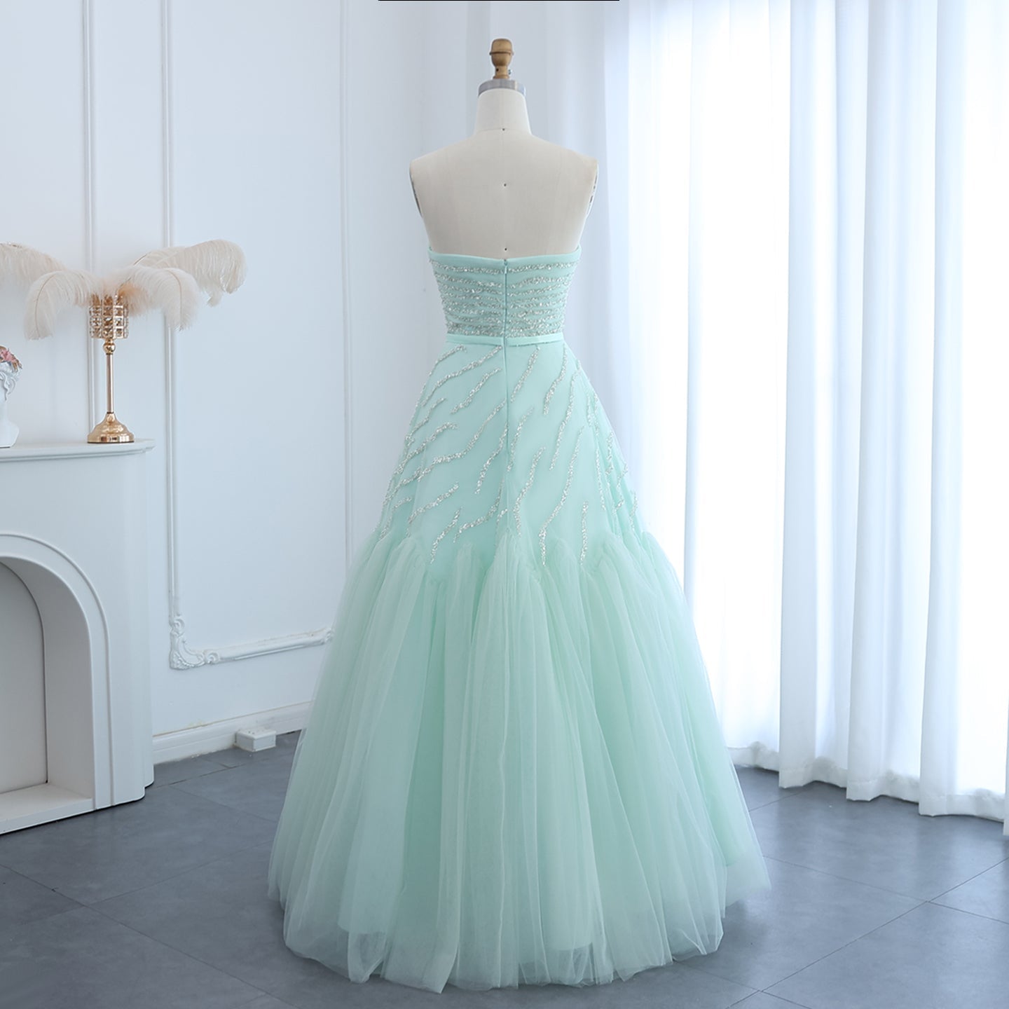 Luxury Beaded Strapless Sage Green Evening Dress SS483