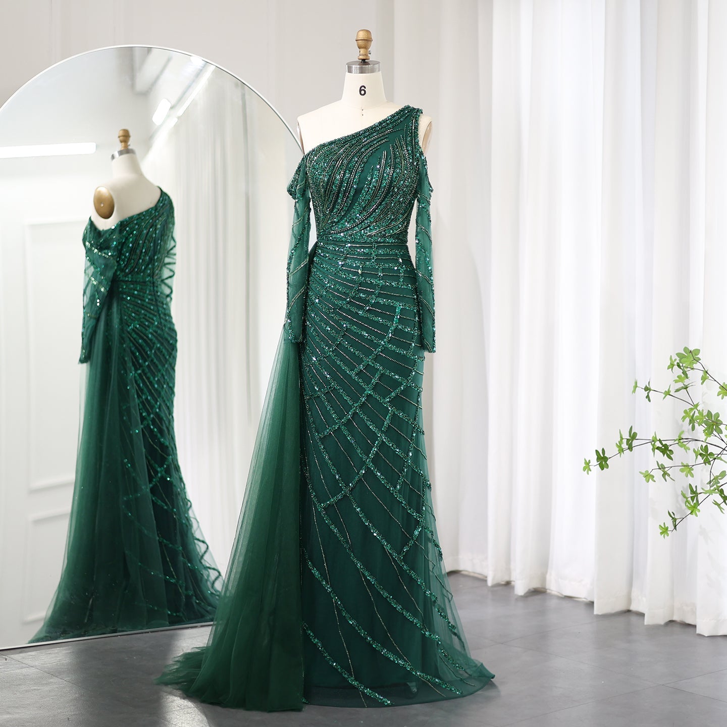 Emerald Green One Shoulder Evening Dress with Overskirt SS197