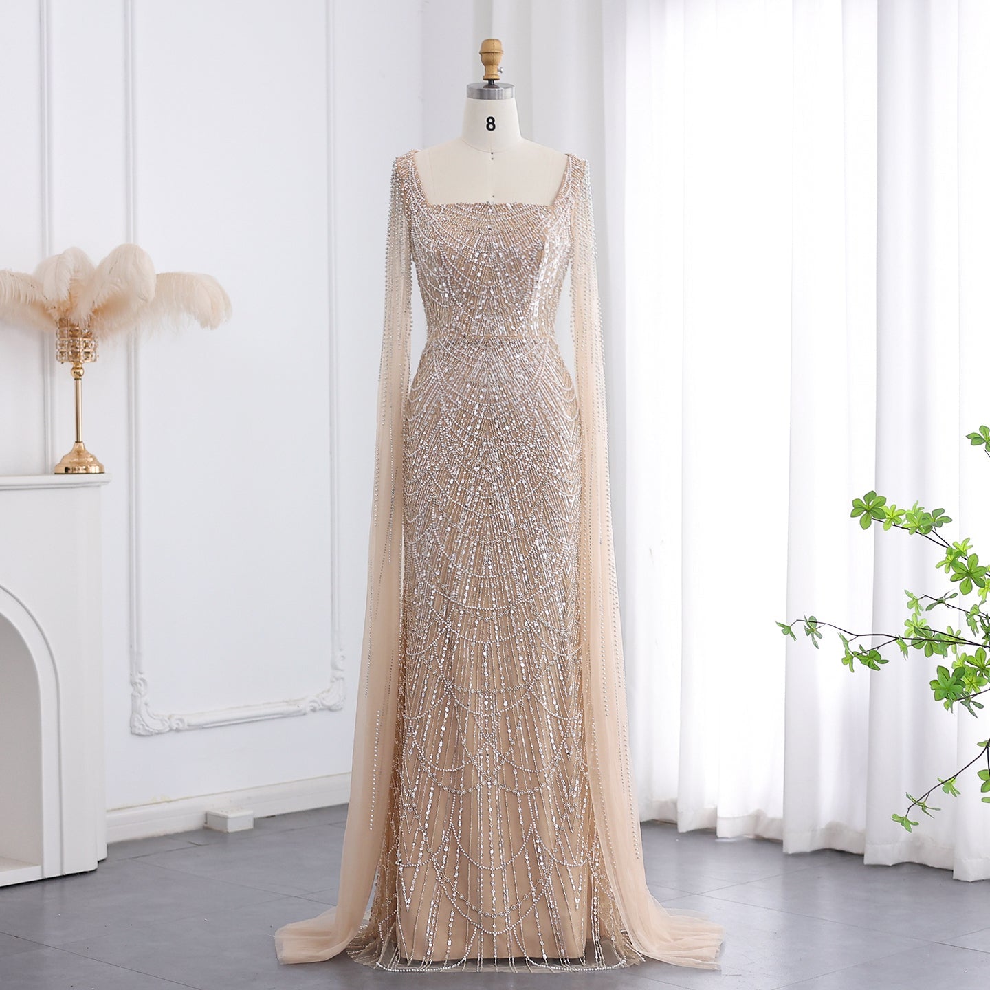 Luxury Beaded Blue Mermaid Evening Dress with Cape Sleeves SS687