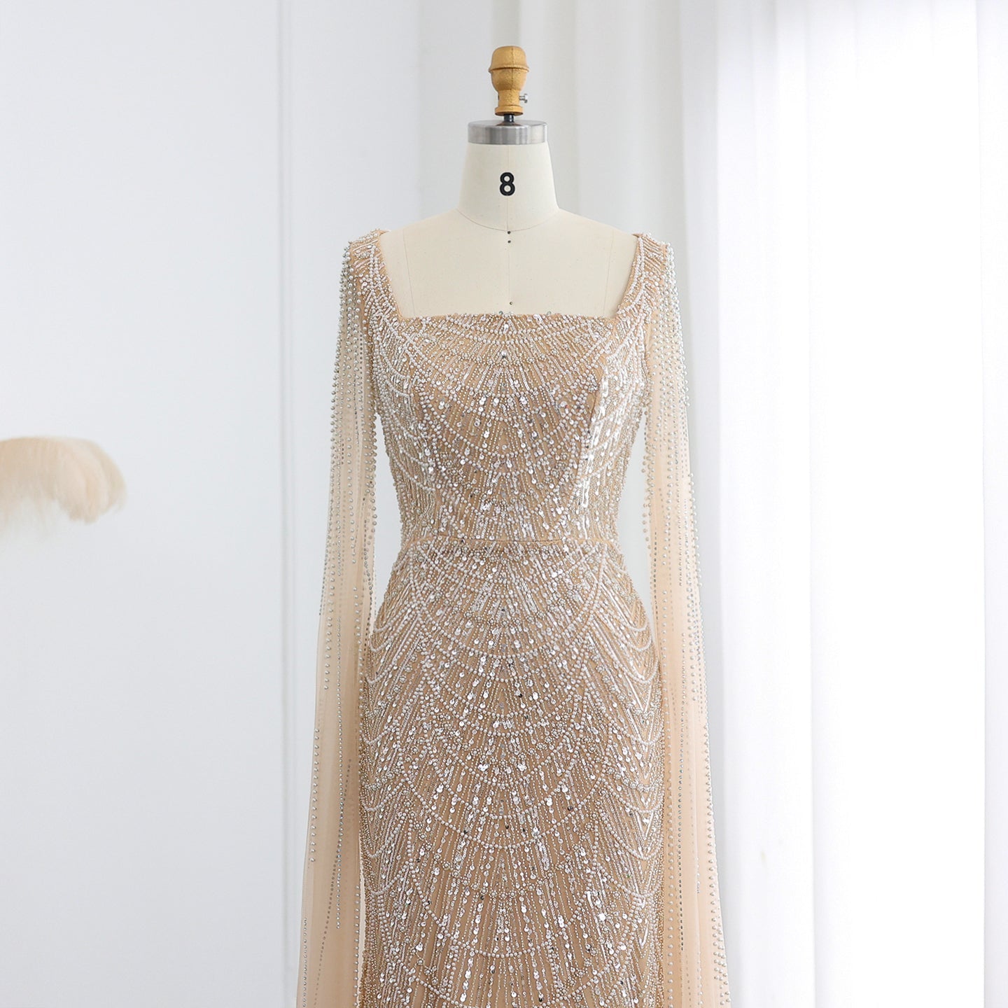 Luxury Beaded Blue Mermaid Evening Dress with Cape Sleeves SS687