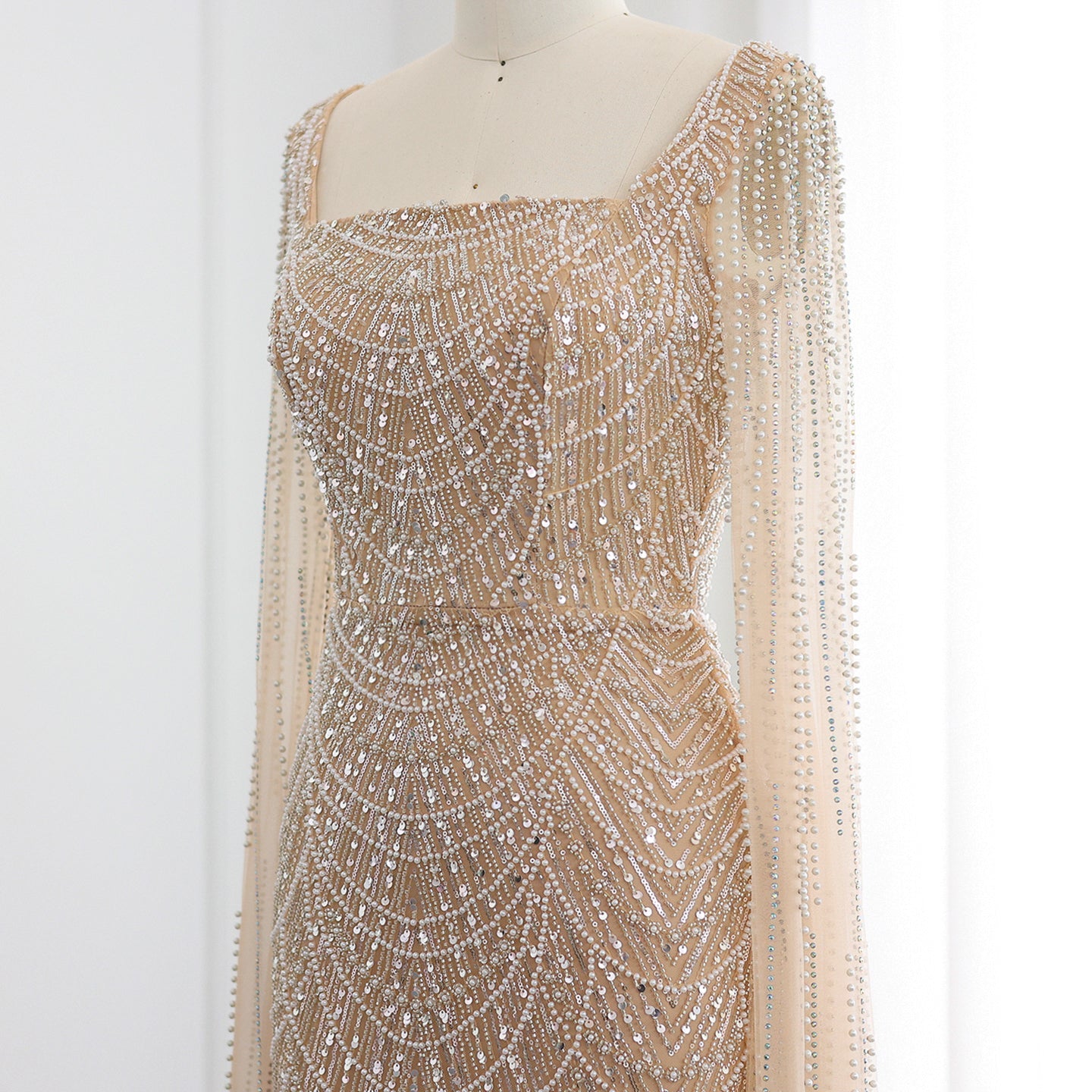 Luxury Beaded Blue Mermaid Evening Dress with Cape Sleeves SS687