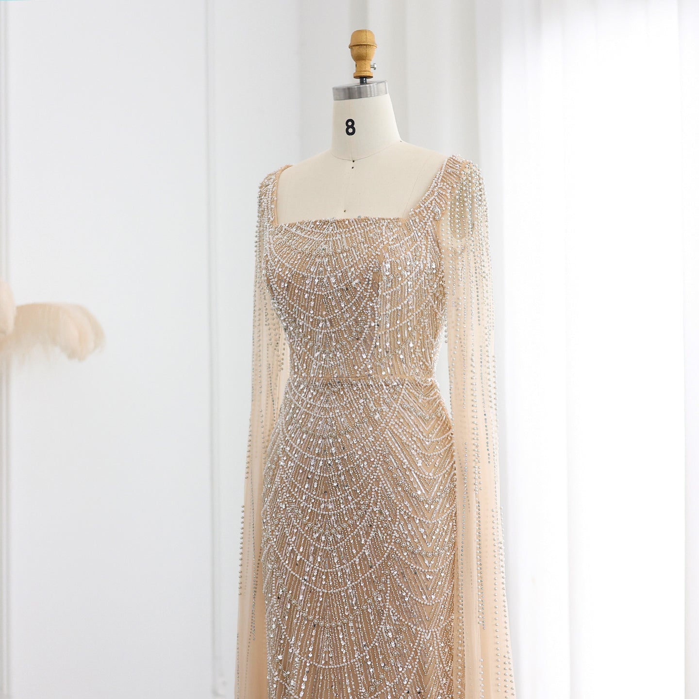 Luxury Beaded Blue Mermaid Evening Dress with Cape Sleeves SS687
