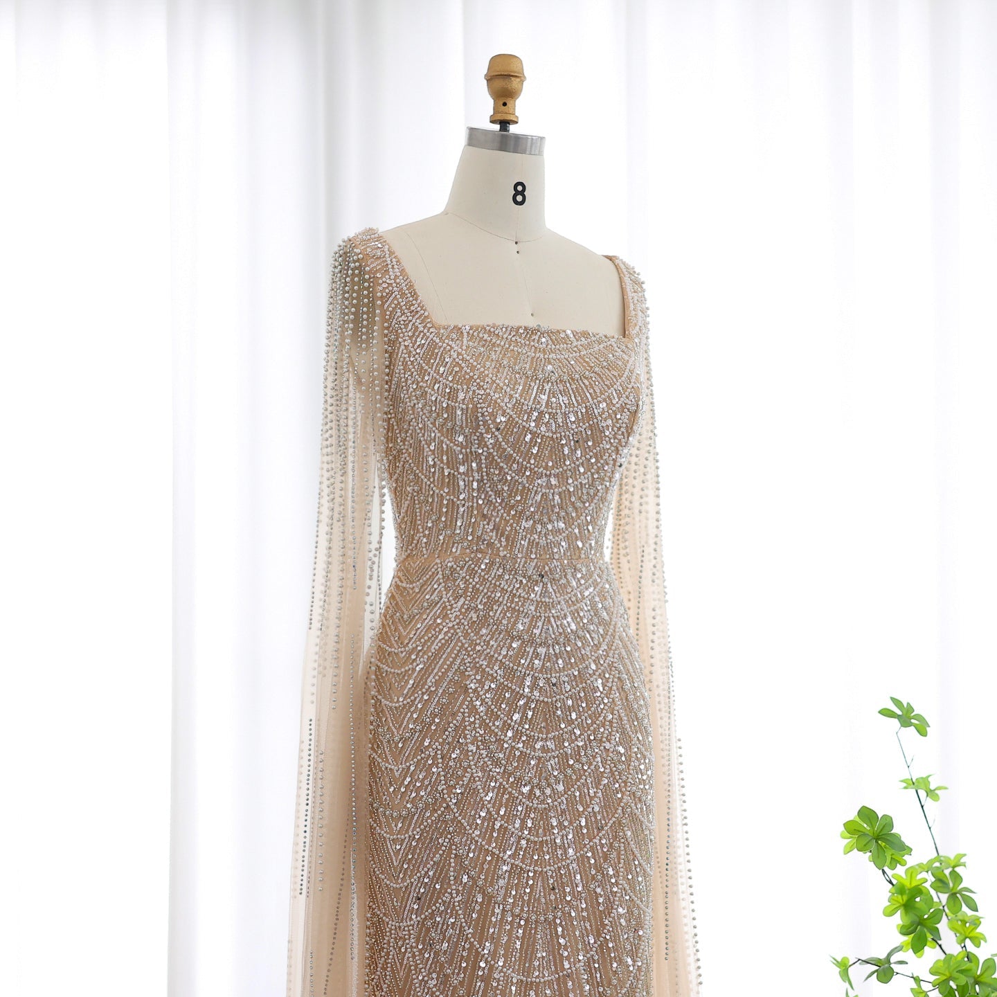 Luxury Beaded Blue Mermaid Evening Dress with Cape Sleeves SS687