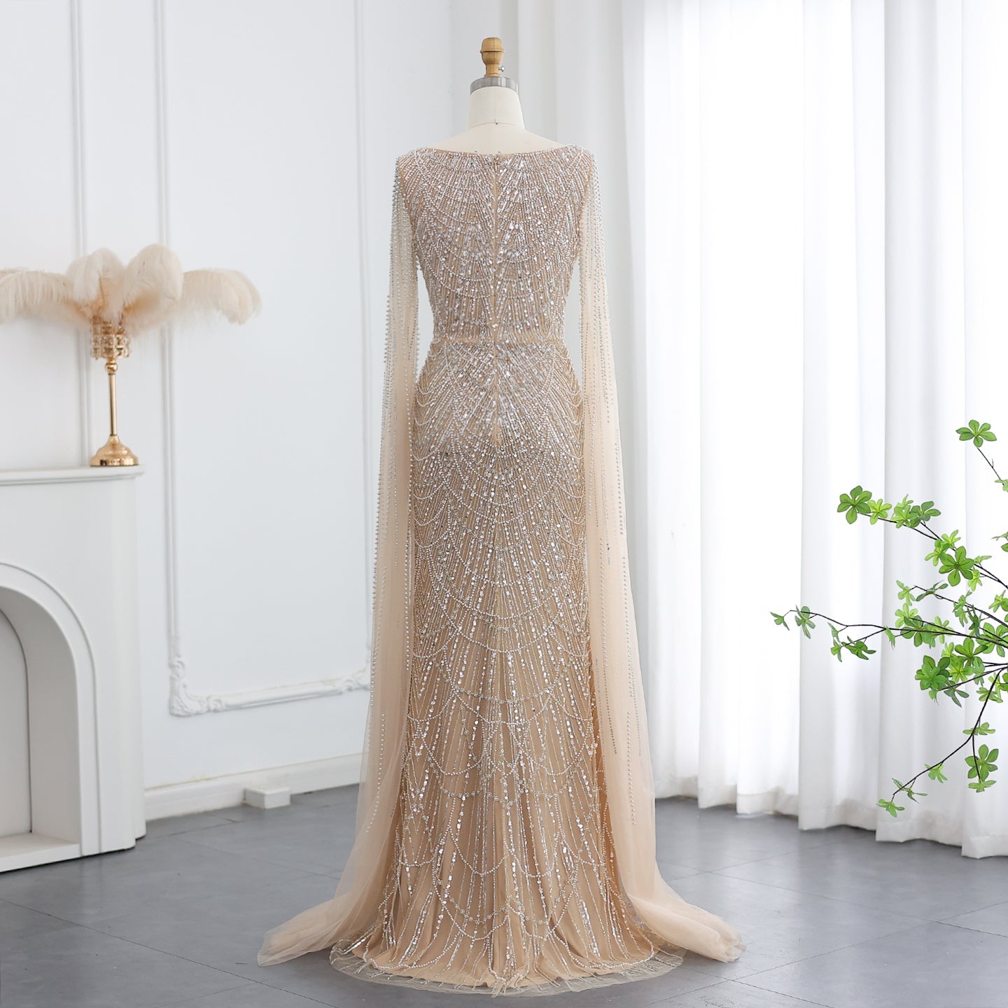 Luxury Beaded Blue Mermaid Evening Dress with Cape Sleeves SS687