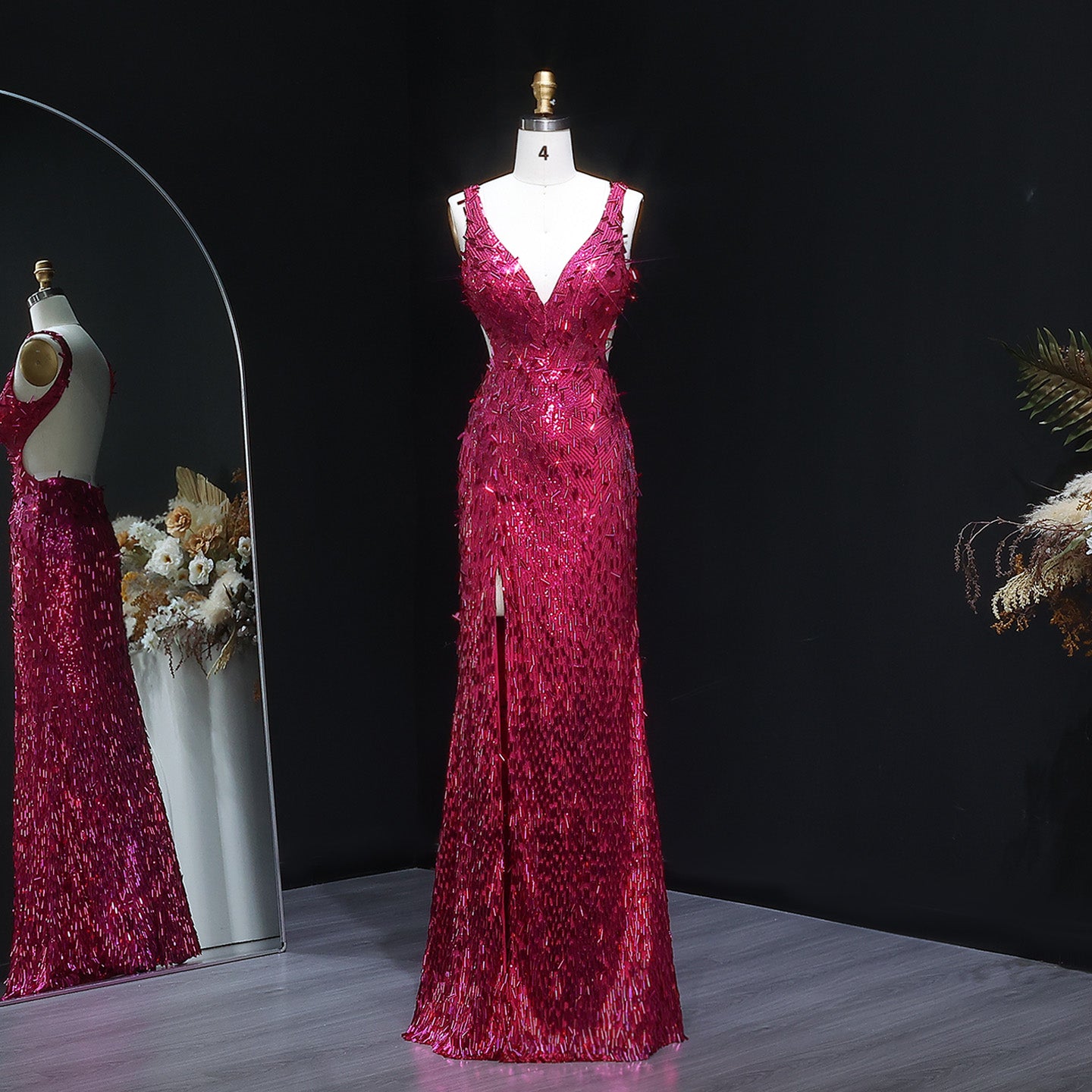 Luxury Fuchsia Crystal Sequin Evening Dress with Slit and Shoulder Strap SH352