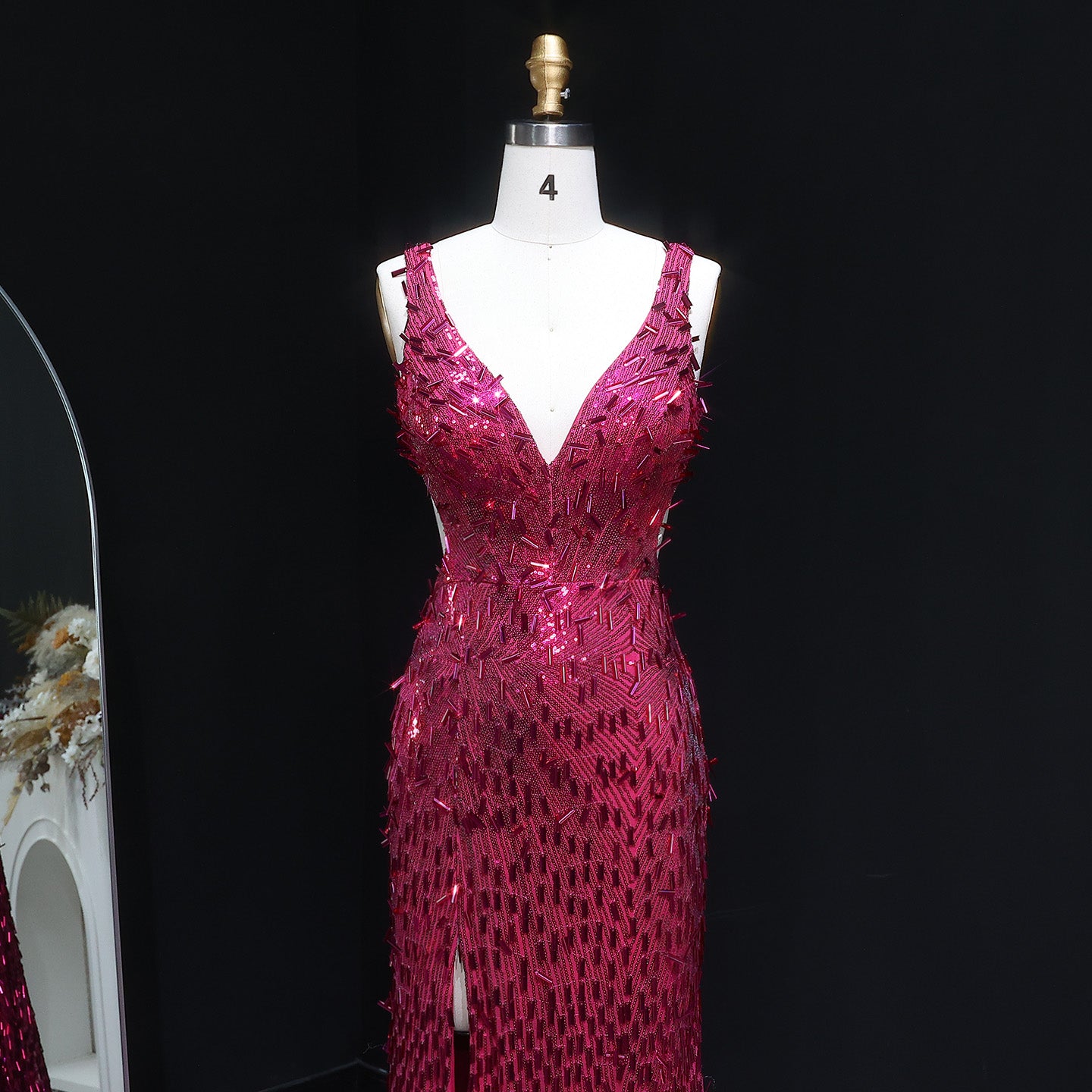 Luxury Fuchsia Crystal Sequin Evening Dress with Slit and Shoulder Strap SH352