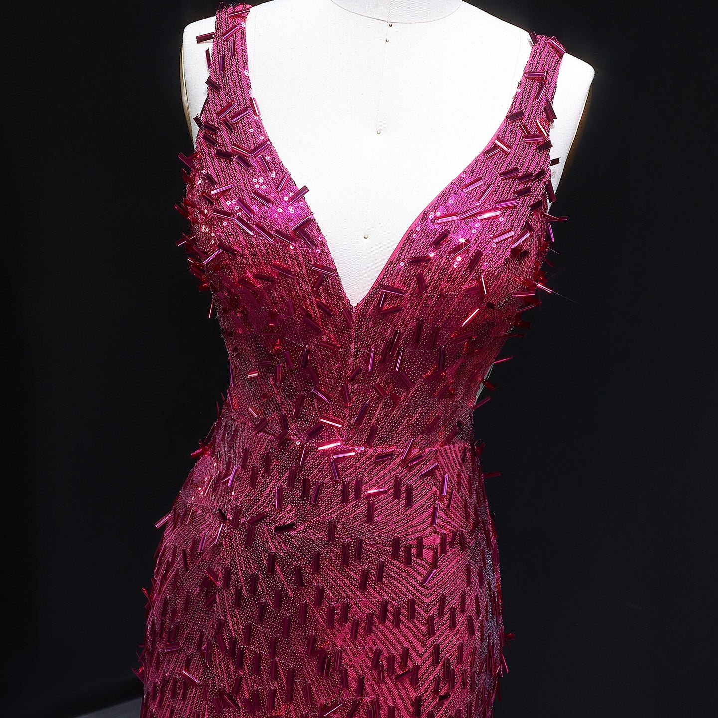 Luxury Fuchsia Crystal Sequin Evening Dress with Slit and Shoulder Strap SH352